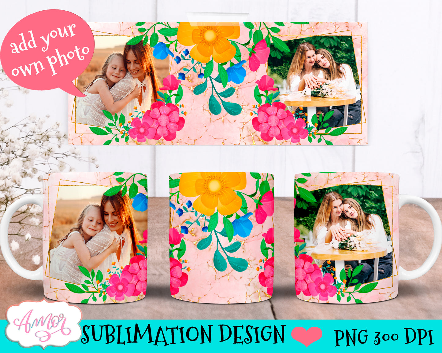 Floral photo customizable mug sublimation Bundle