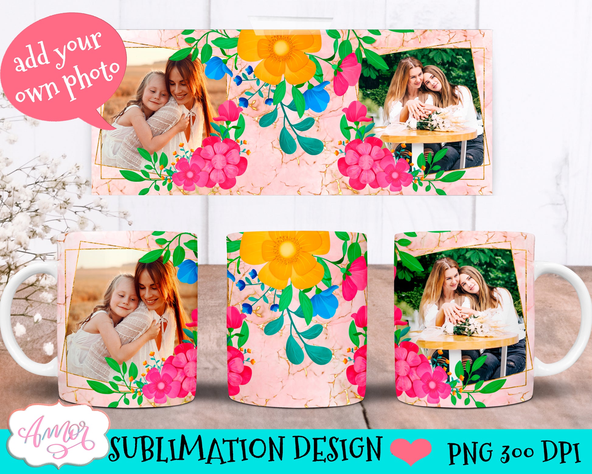 Floral photo customizable mug sublimation Bundle