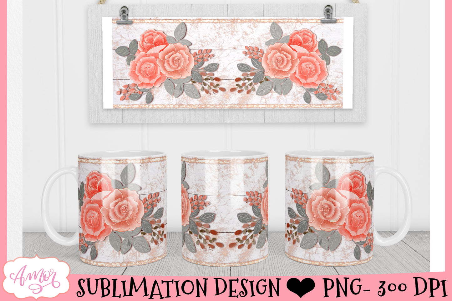 Romantic floral mug wraps for sublimation BUNDLE