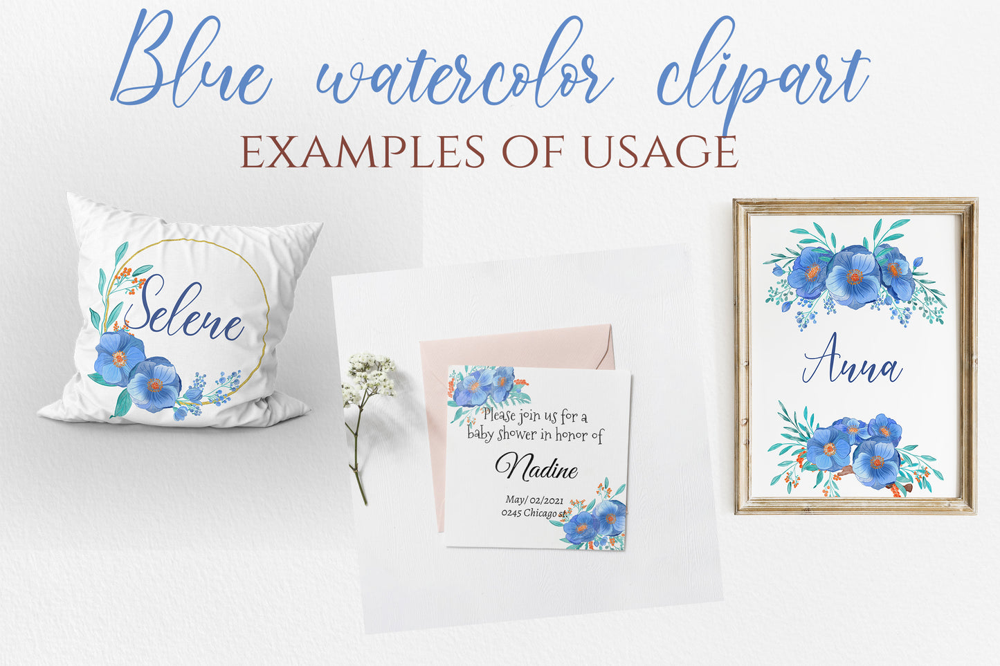 Watercolor Blue Floral clipart for invitations