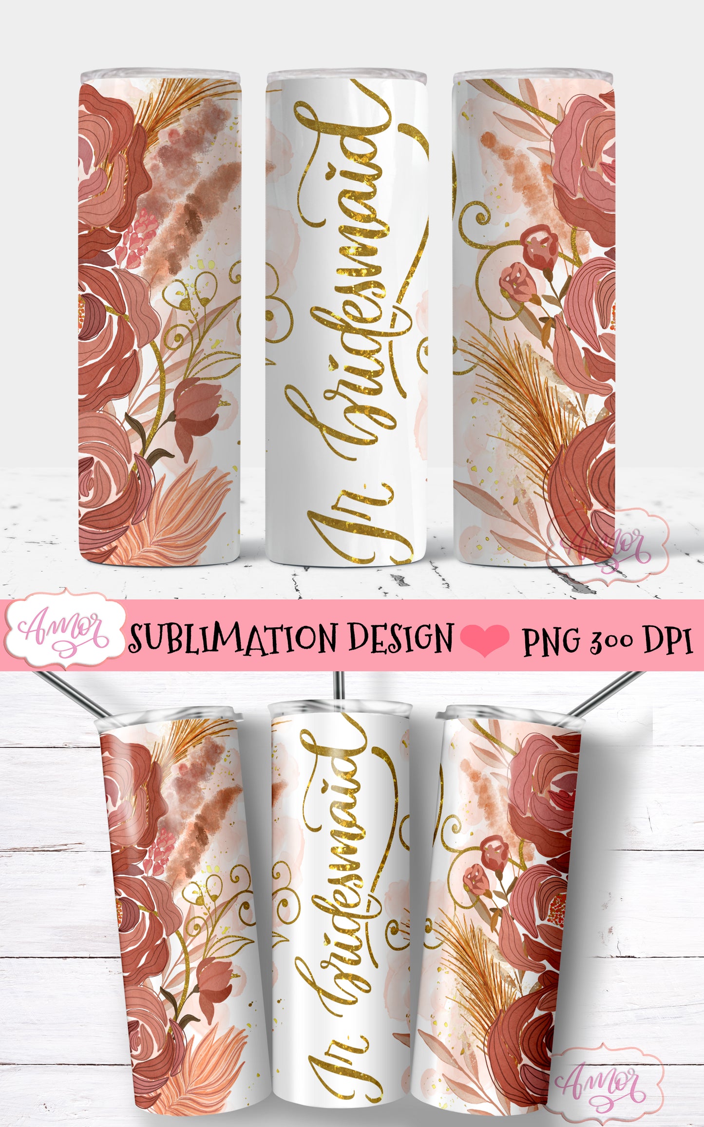 Boho wedding party tumbler wraps for sublimation