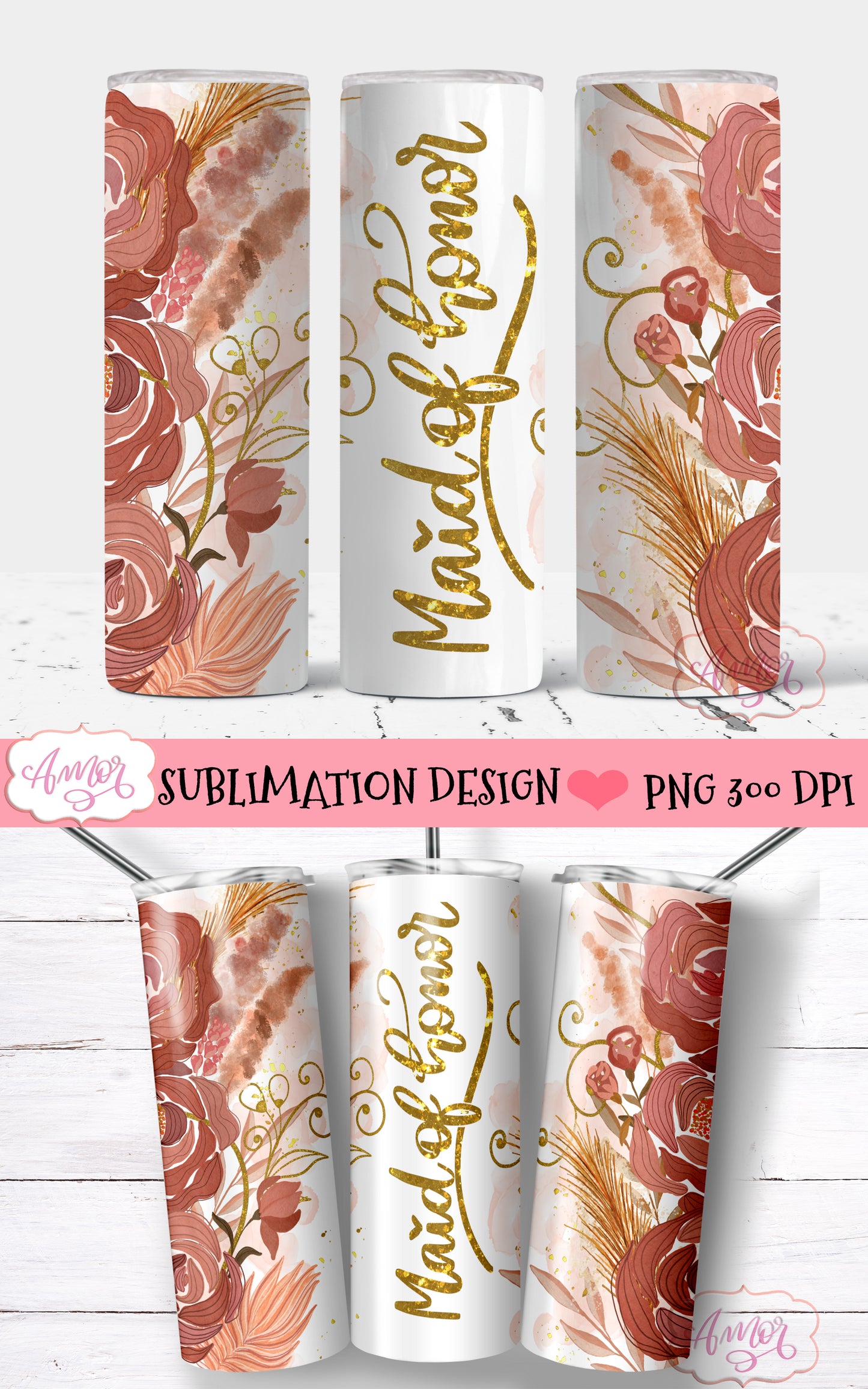 Boho wedding party tumbler wraps for sublimation