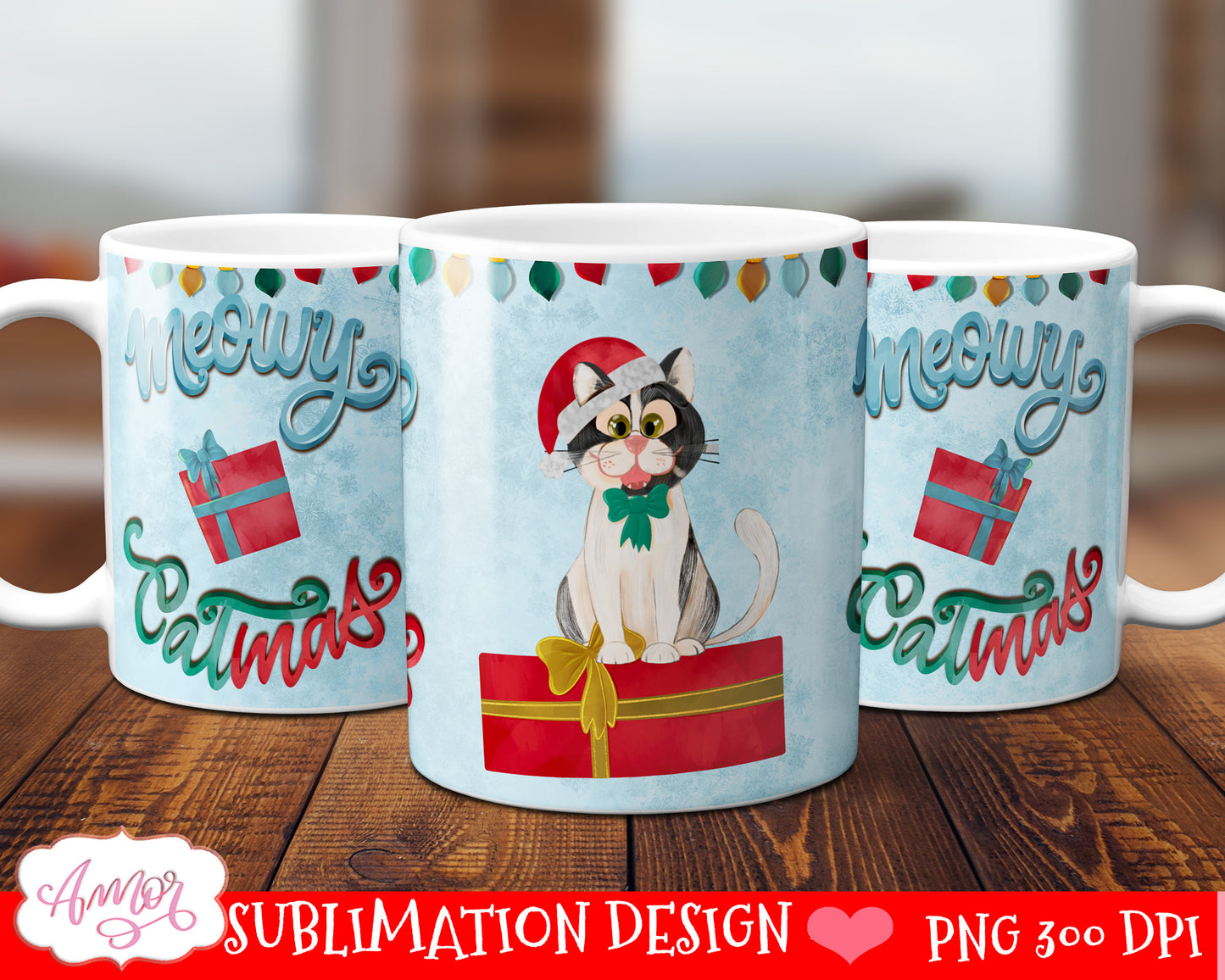 Meowy Catmas mug wrap for sublimation Cat lover mug PNG