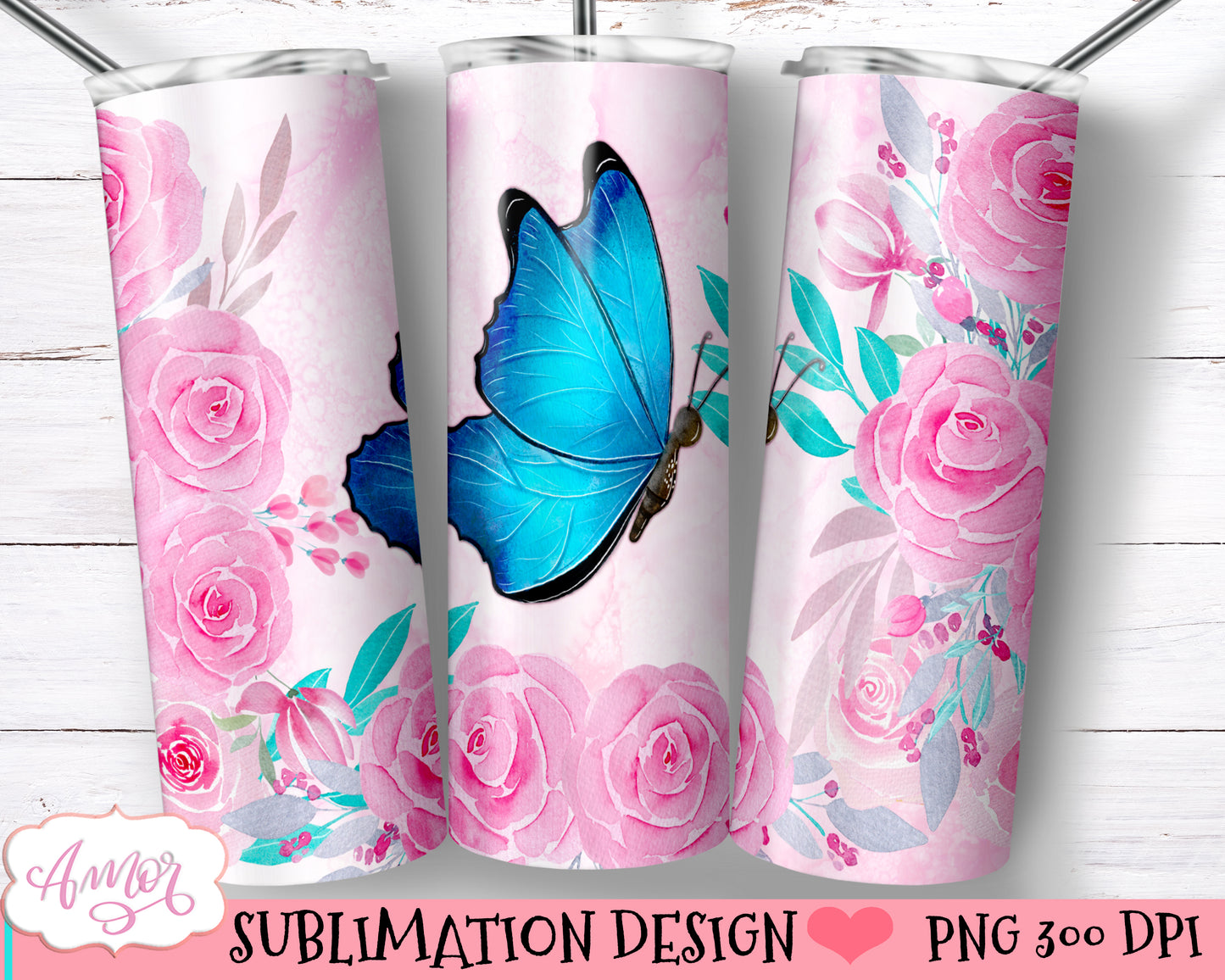 Flowers and butterfly Tumbler wrap PNG for Sublimation