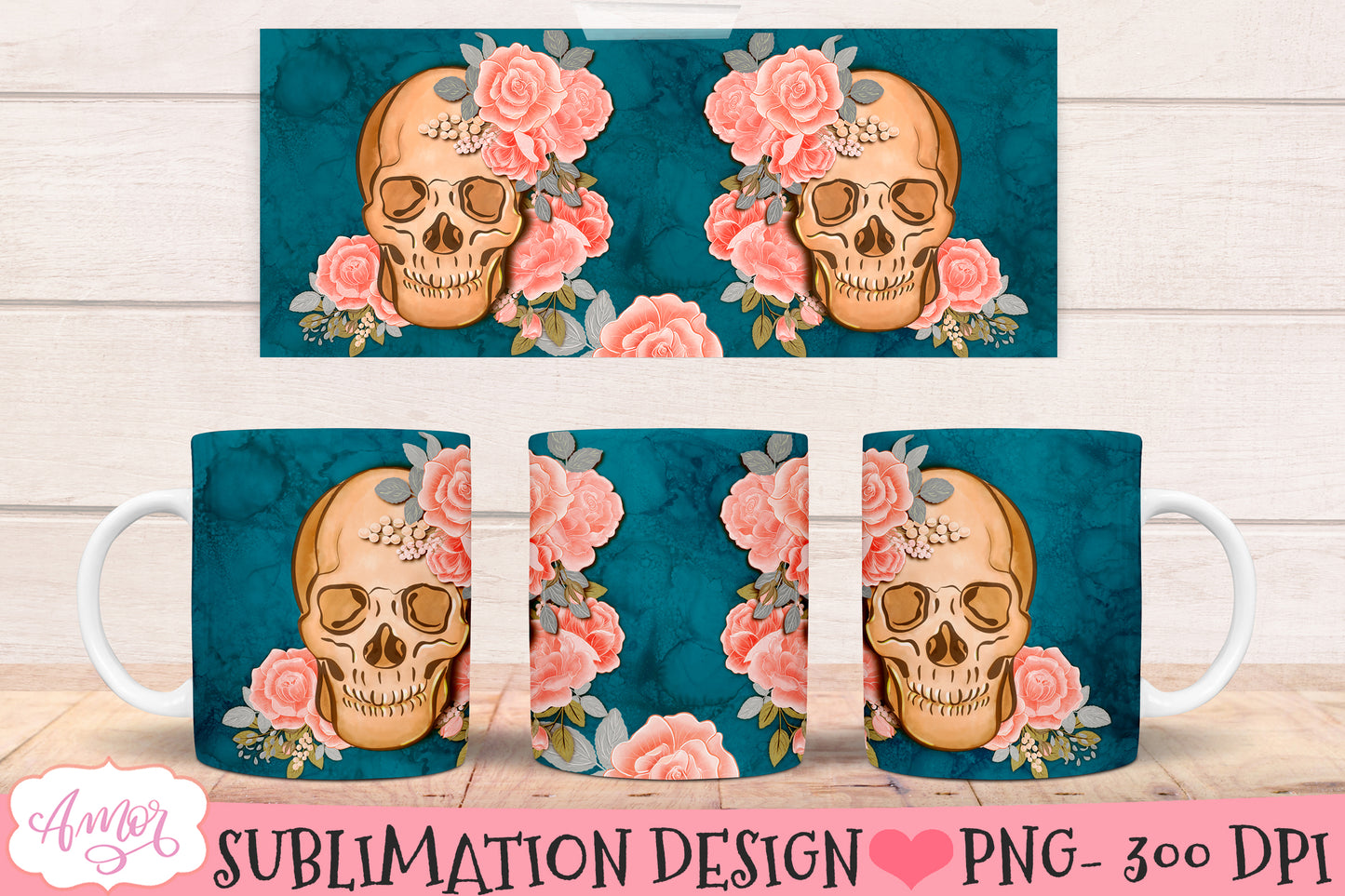 Skull and flowers mug wrap PNG for sublimation 11oz 15oz