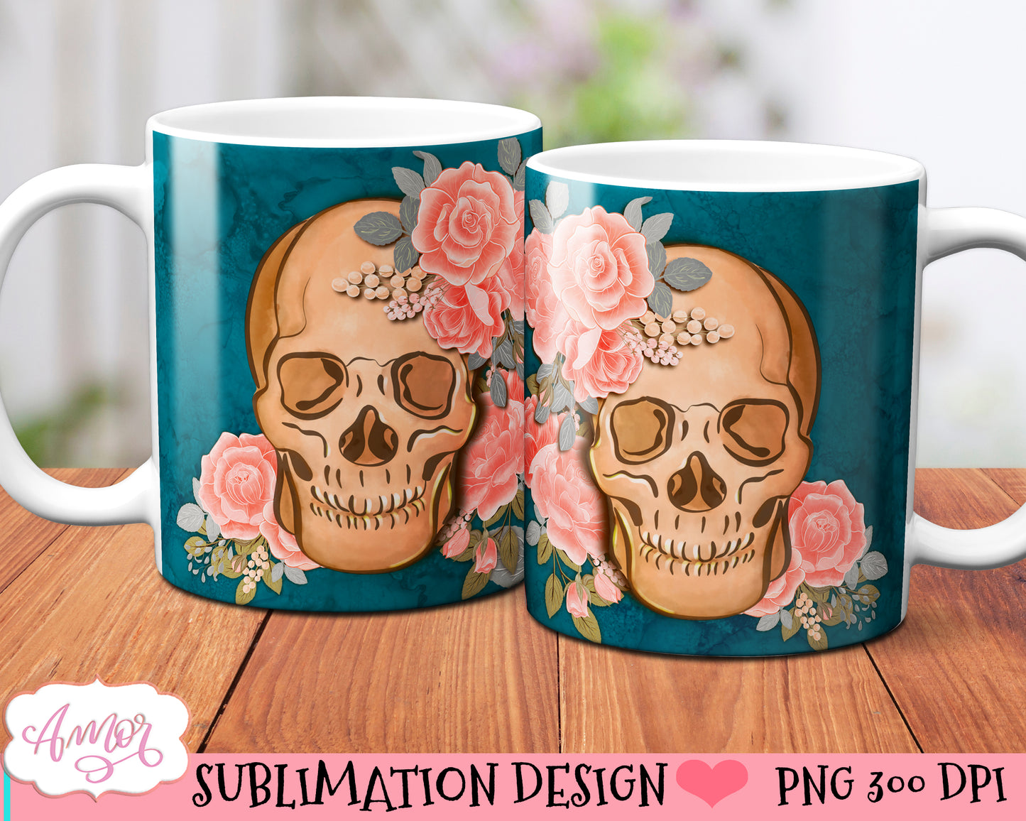 Skull and flowers mug wrap PNG for sublimation 11oz 15oz