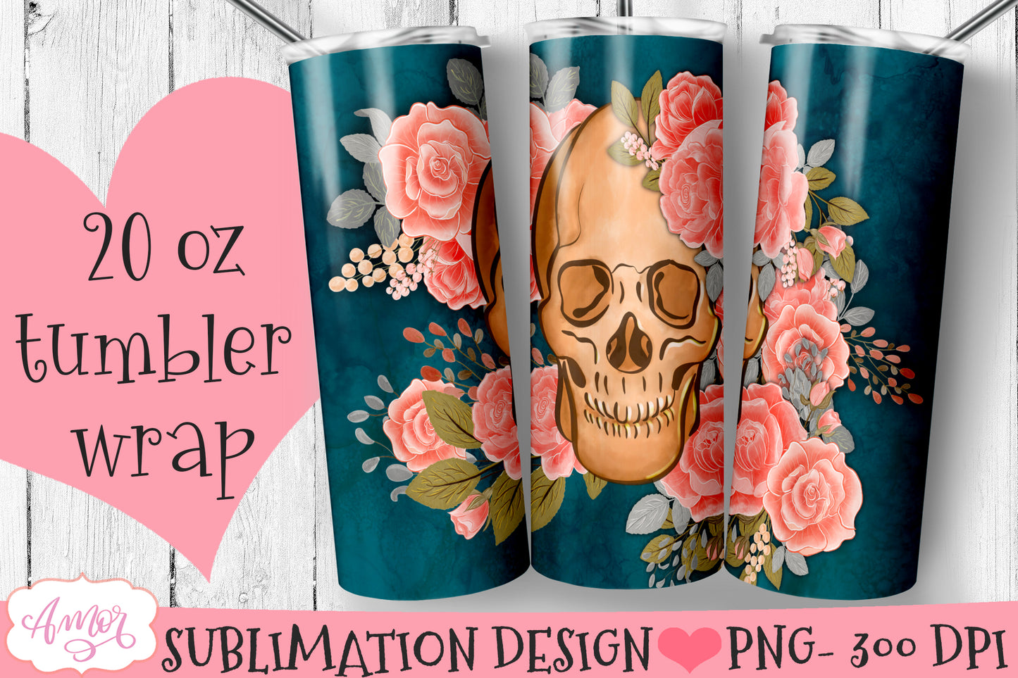 Skull and flowers Tumbler wrap PNG for Sublimation