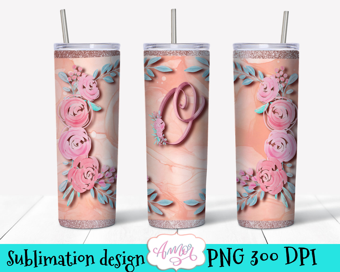 Letter "O" Monogram tumbler wrap PNG design for sublimation