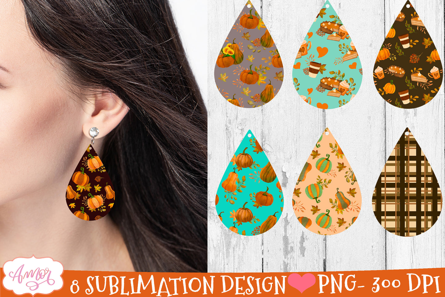 Fall Teardrop earring sublimation Bundle, 8 designs PNG