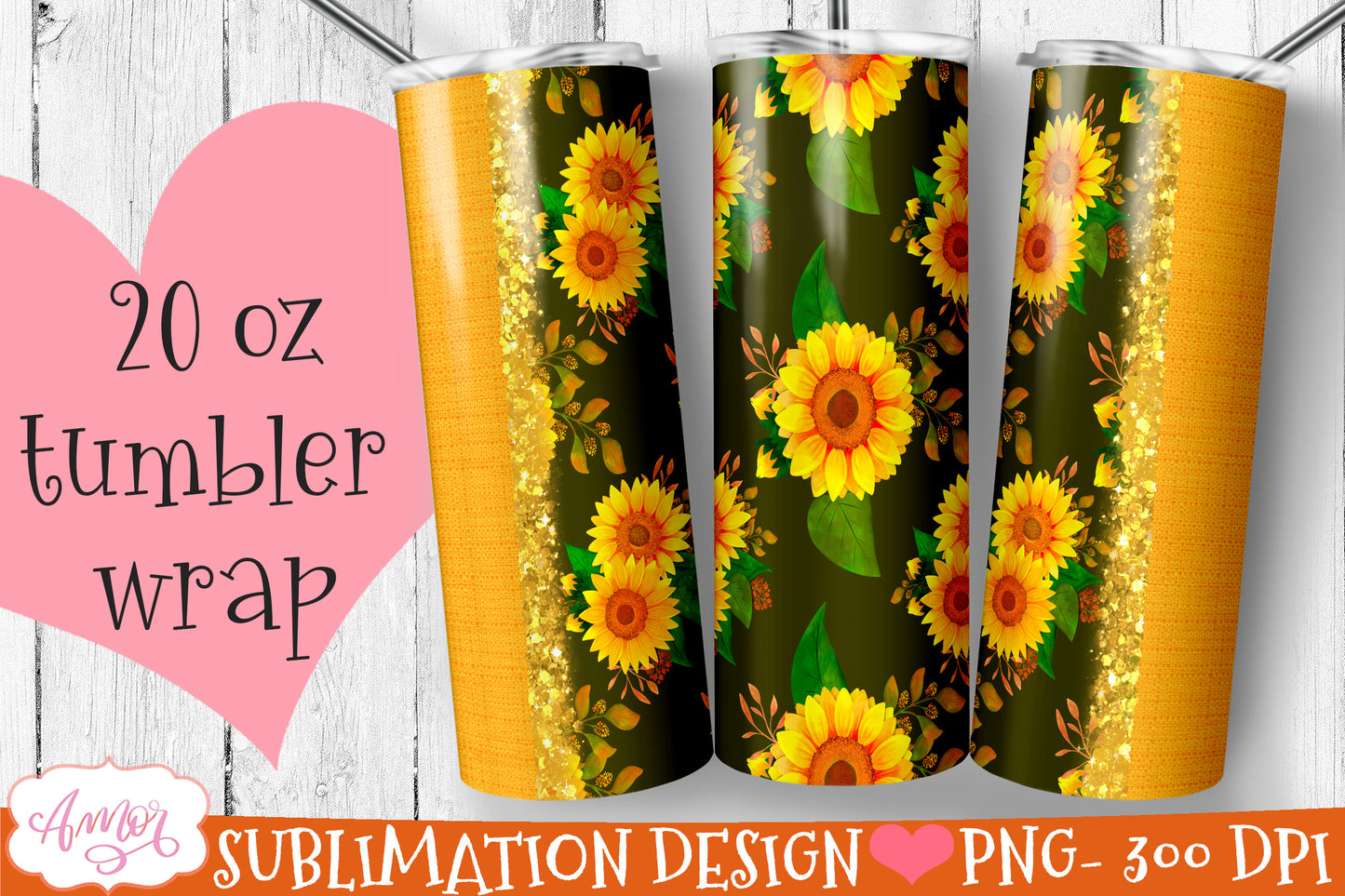 Bundle sunflower tumbler wrap for sublimation | 6 floral PNG