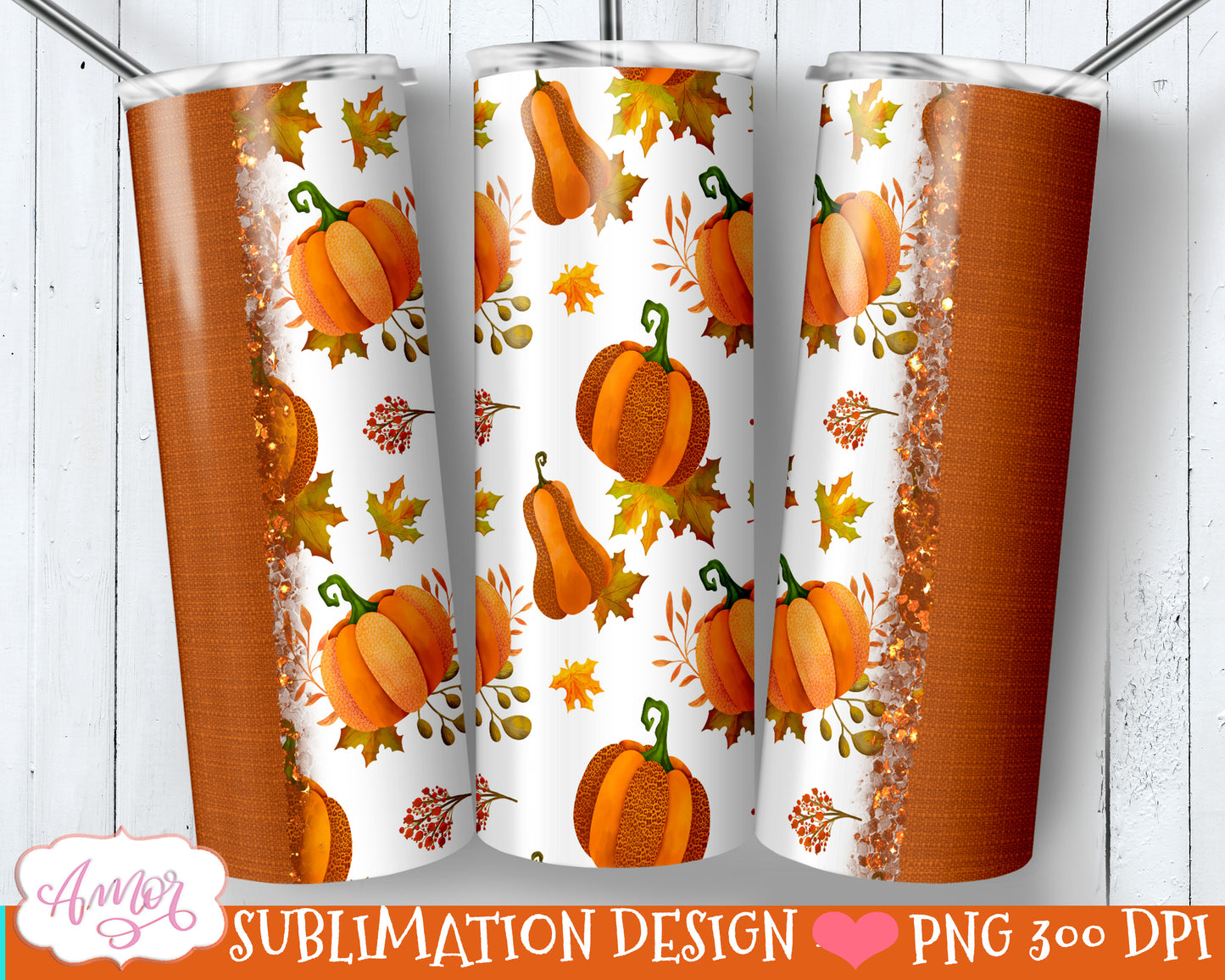 Bundle pumpkin tumbler wraps for sublimation 6 fall PNG
