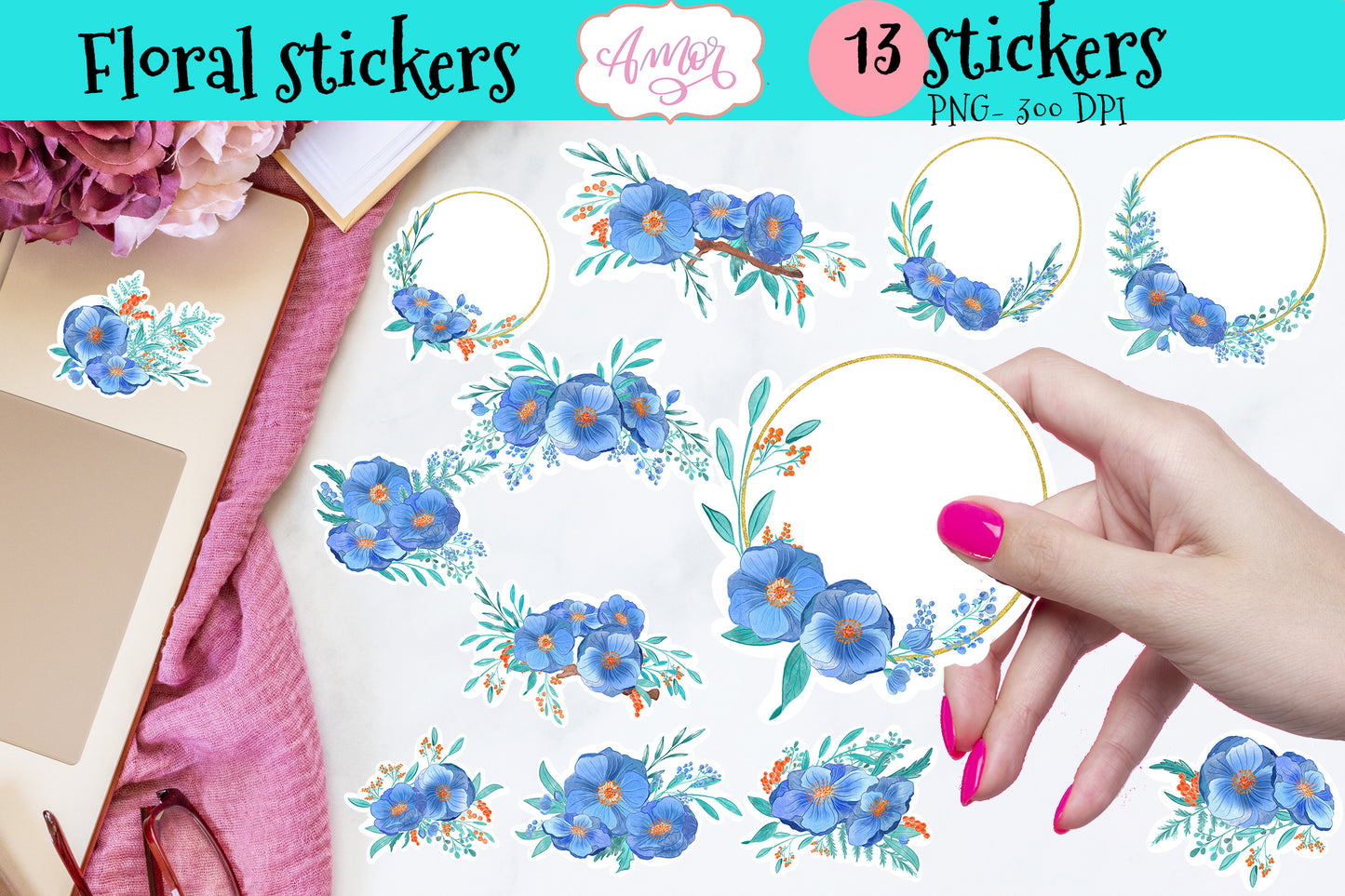 Blue Floral printable stickers for print then cut