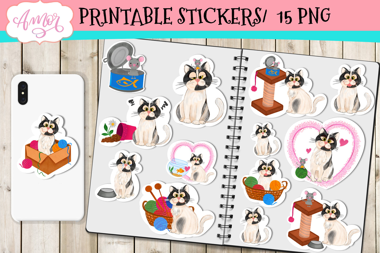 Cute cat stickers for print & cut | Printable PNG stickers