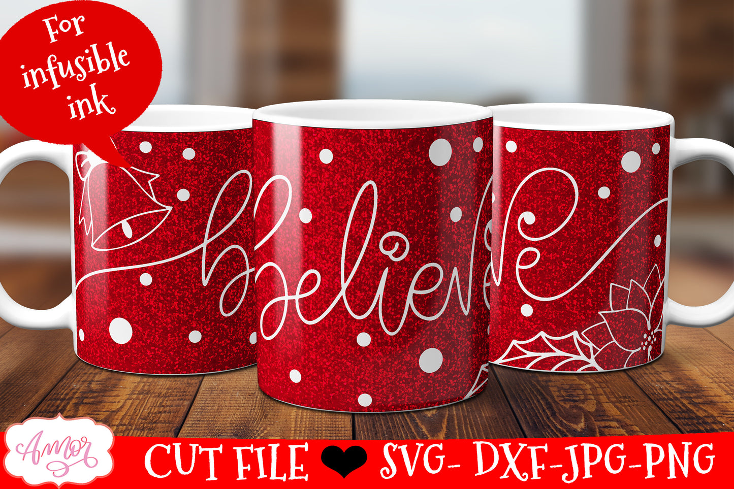 Christmas Believe Mug Wrap SVG for Cricut infusible ink 12oz