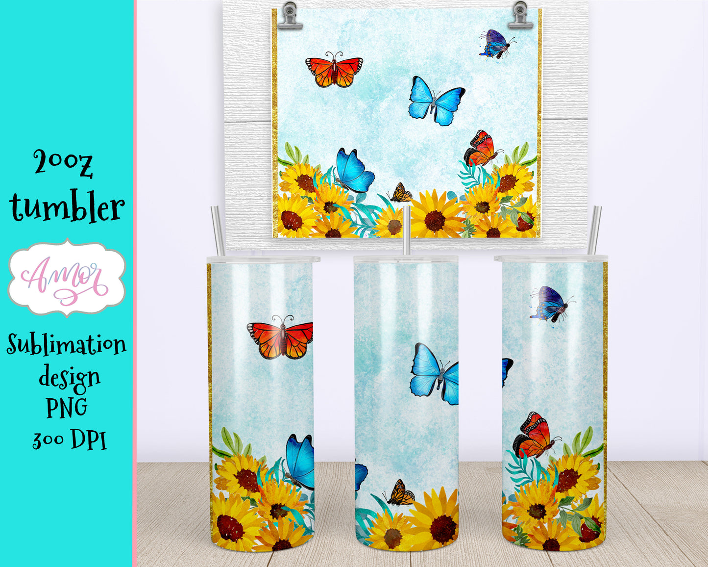 Flowers and Butterflies 20oz Tumbler sublimation design