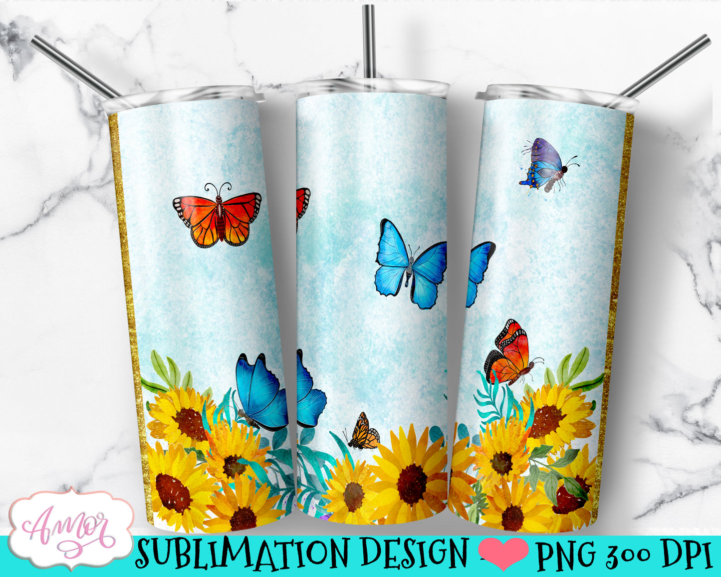 Flowers and Butterflies 20oz Tumbler sublimation design