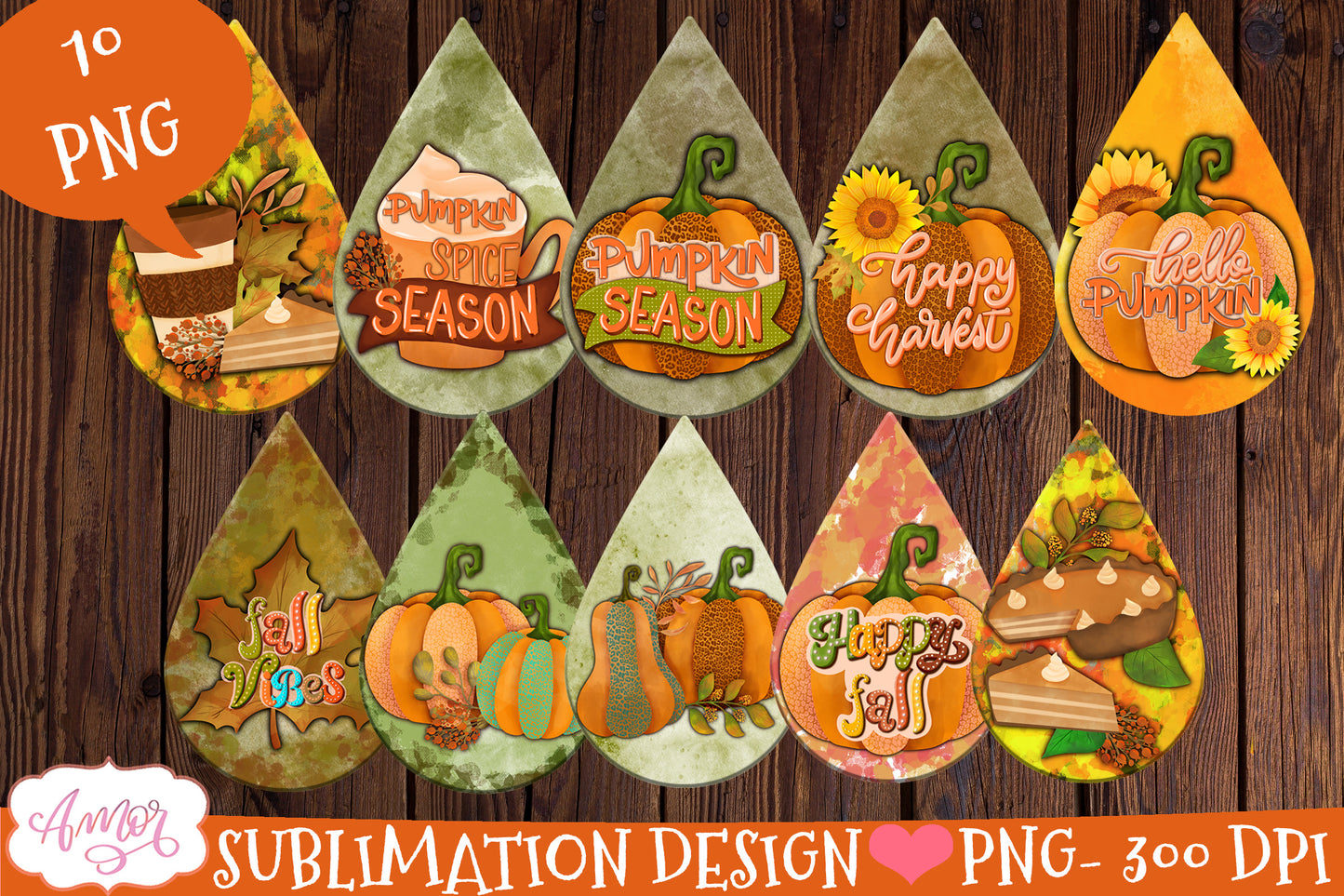 Fall Teardrop earring sublimation Bundle, 10 designs PNG