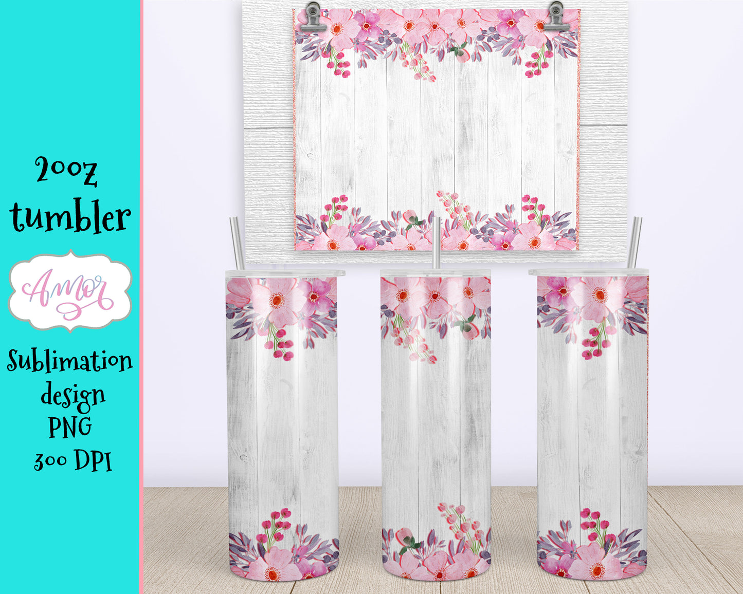 White Wood and Pink Flowers tumbler design for sublimation