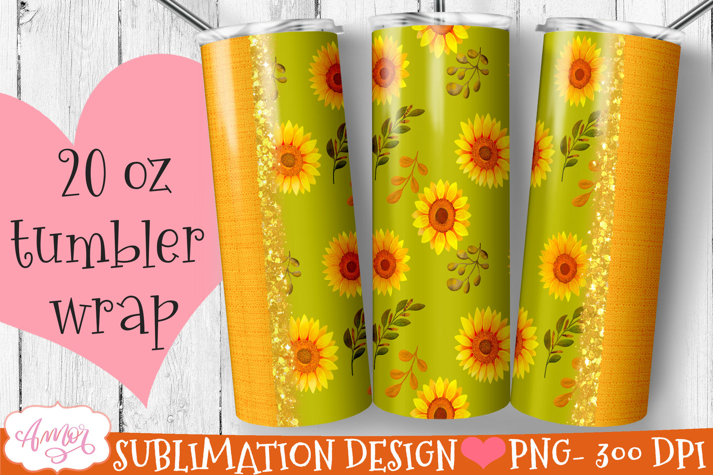Bundle sunflower tumbler wrap for sublimation | 6 floral PNG