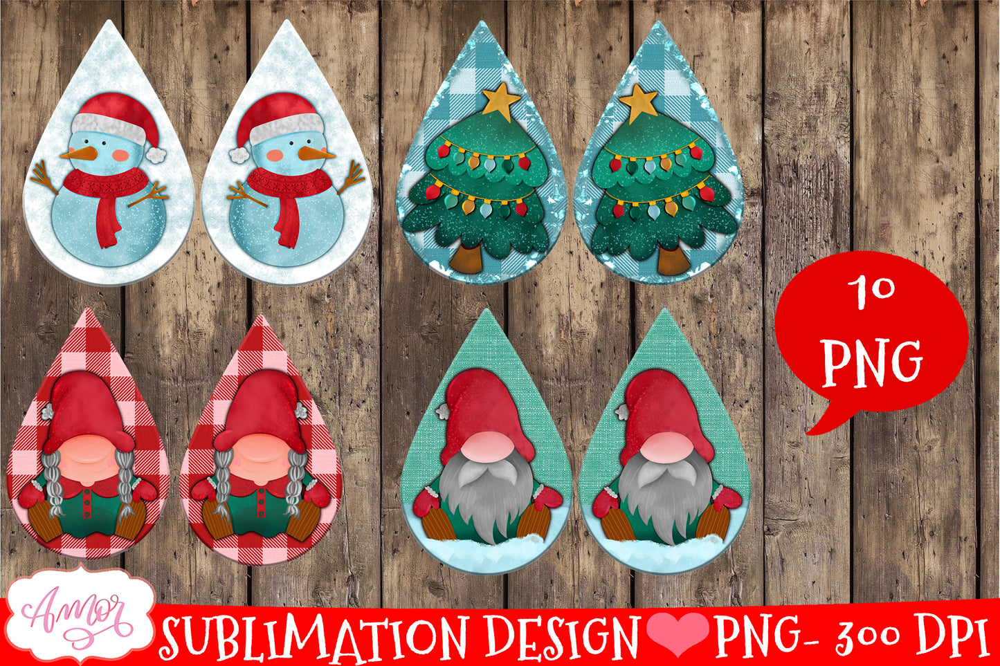 Christmas Teardrop earring sublimation Bundle 10 designs PNG