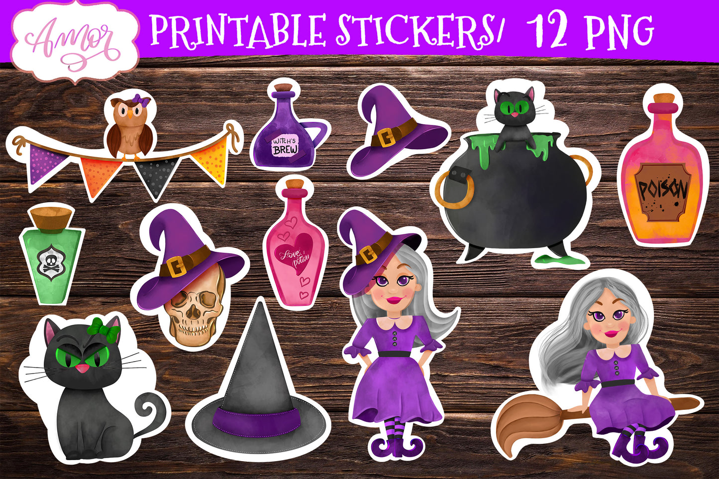 Cute witch stickers for print & cut |Halloween PNG stickers