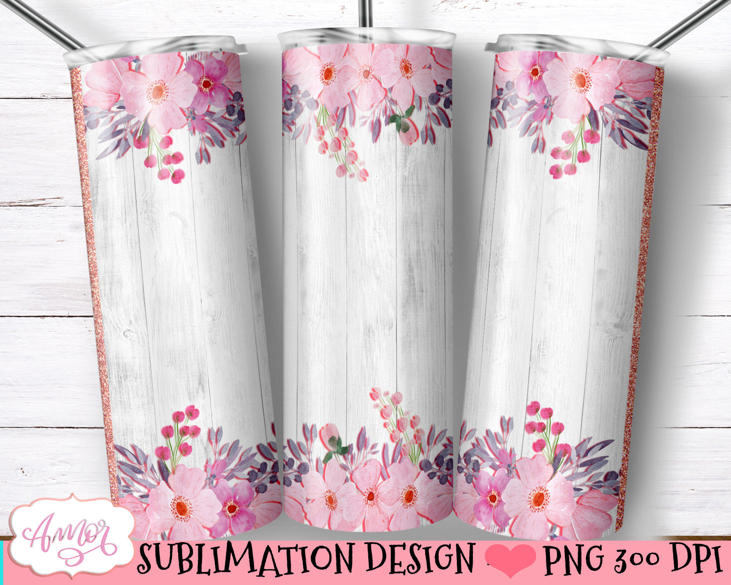 White Wood and Pink Flowers tumbler design for sublimation