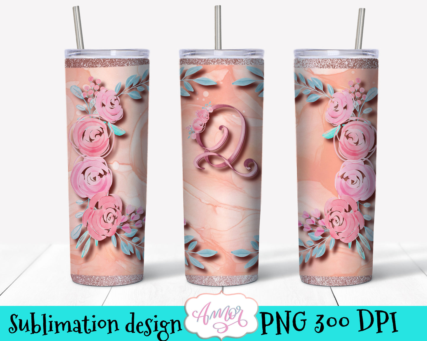 Letter Q Monogram tumbler wrap PNG design for sublimation