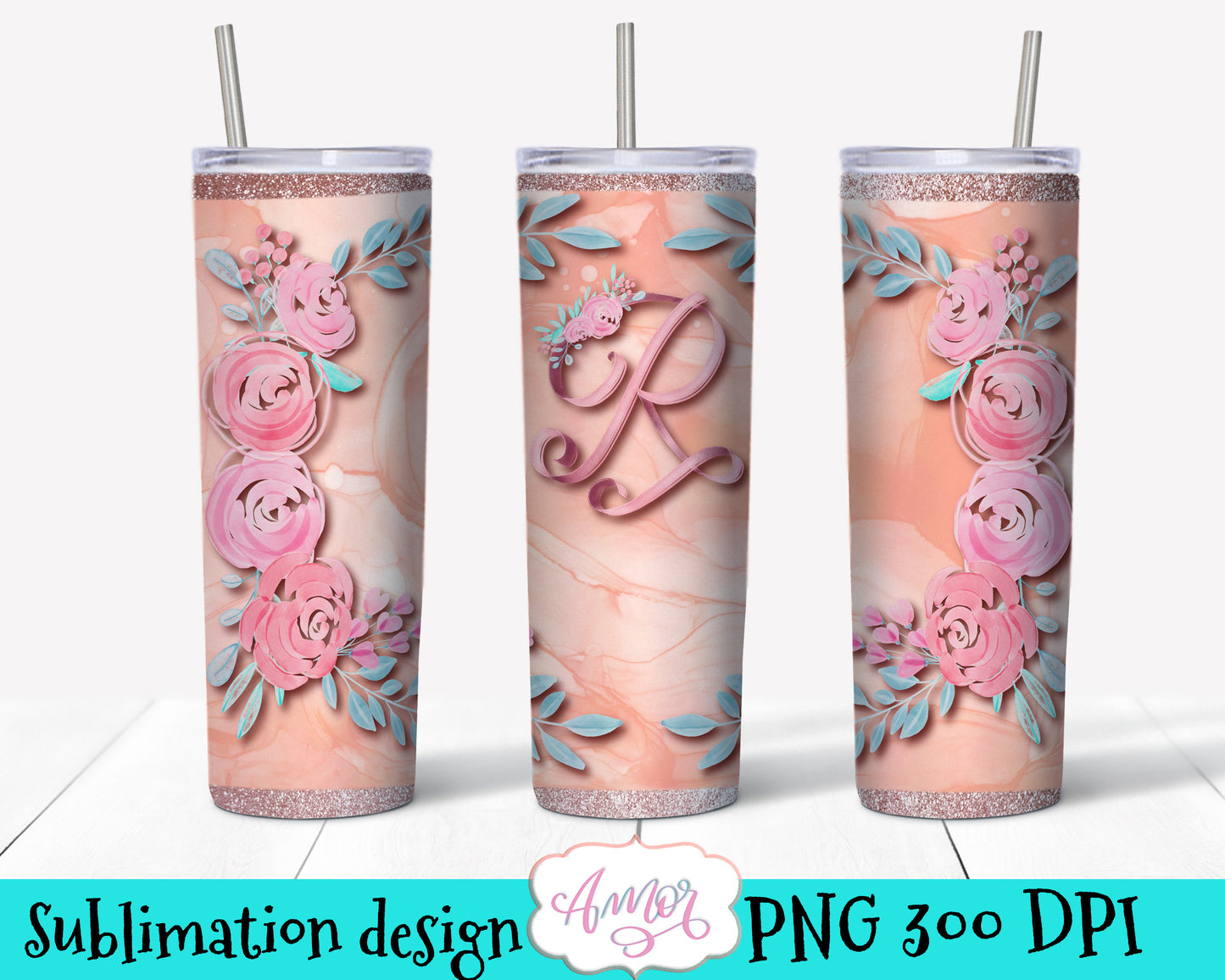 Letter R Monogram tumbler wrap PNG design for sublimation