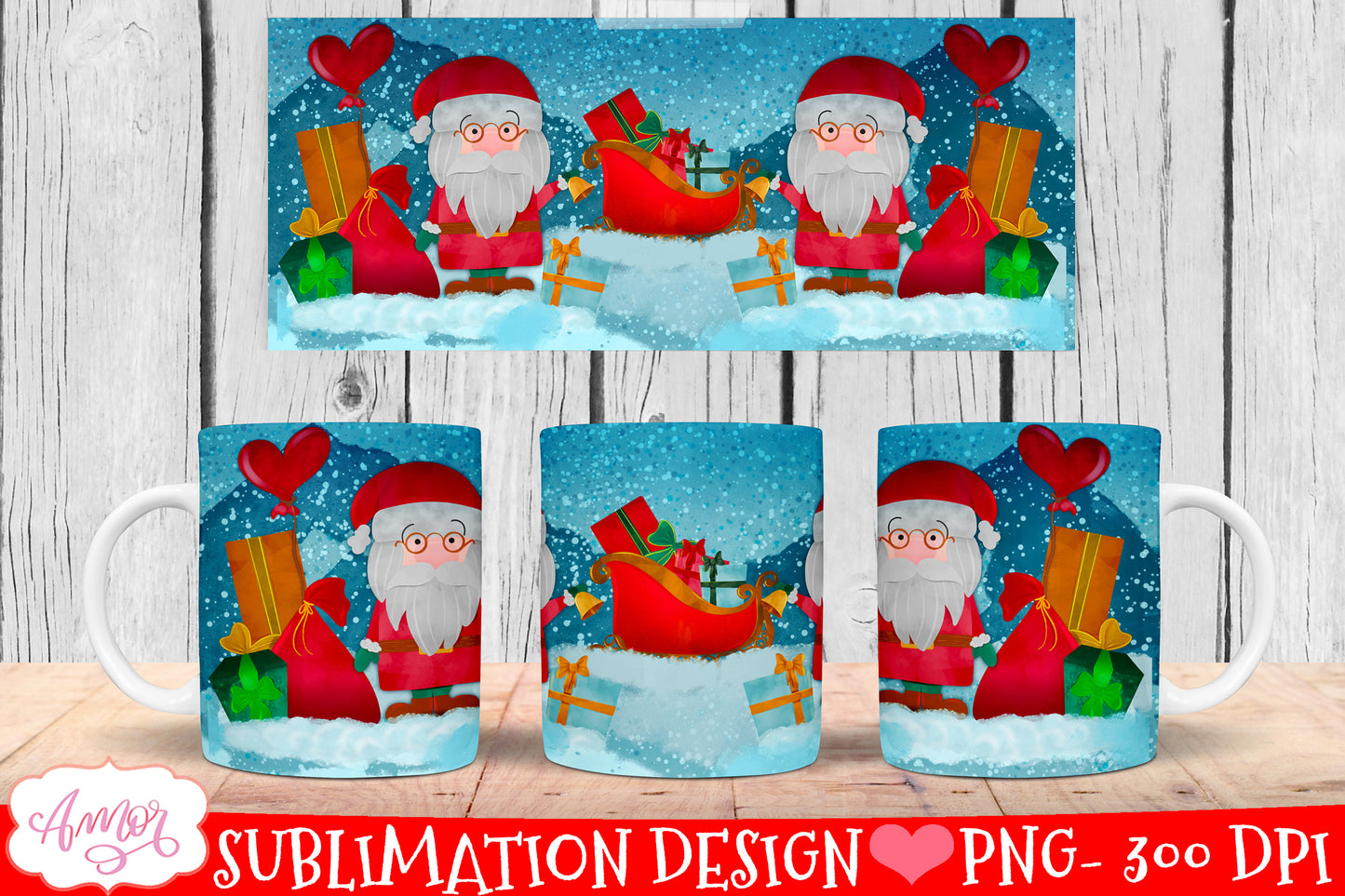 Cute Santa mug wrap sublimation Christmas sleigh PNG