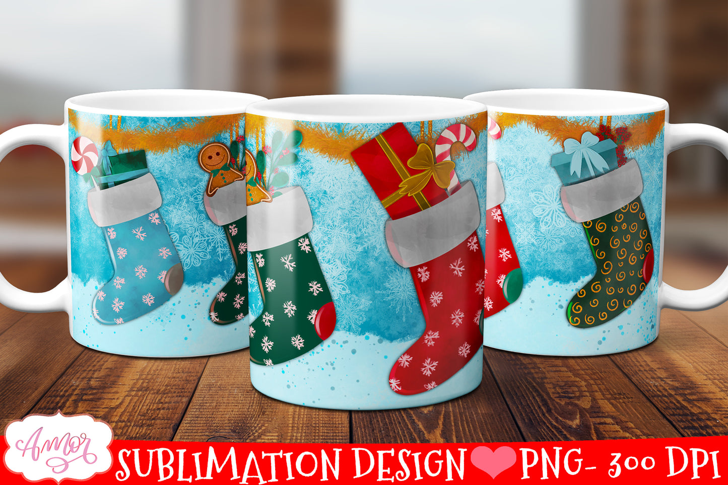 Christmas stockings design for mug sublimation Holiday PNG