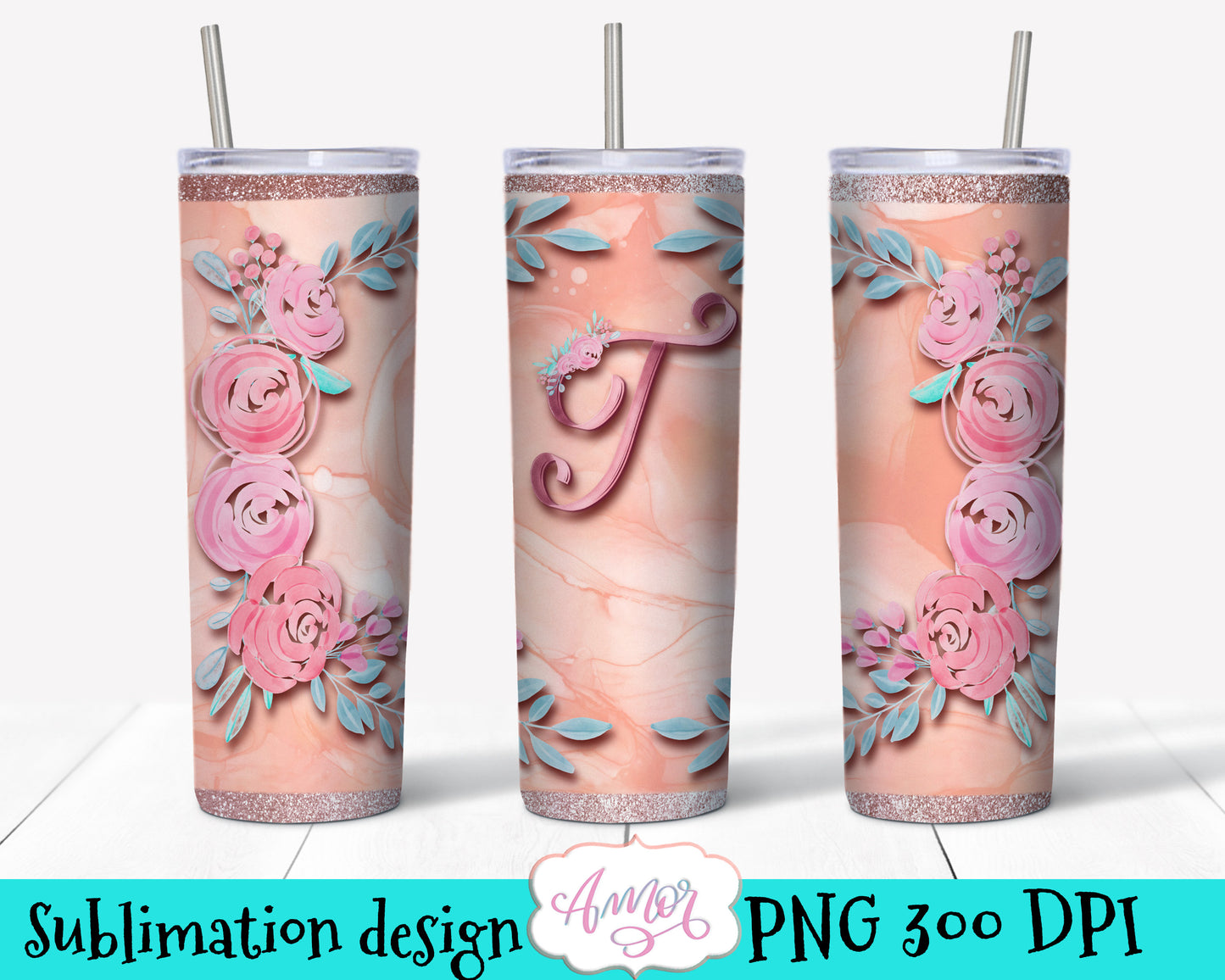 Letter T Monogram tumbler wrap PNG design for sublimation