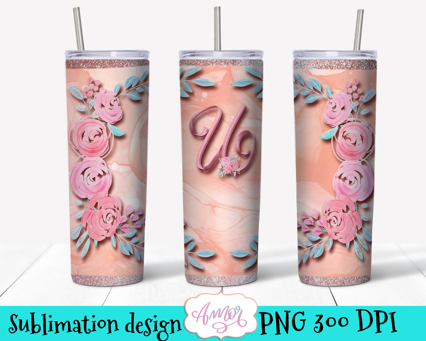 Letter U Monogram tumbler wrap PNG design for sublimation