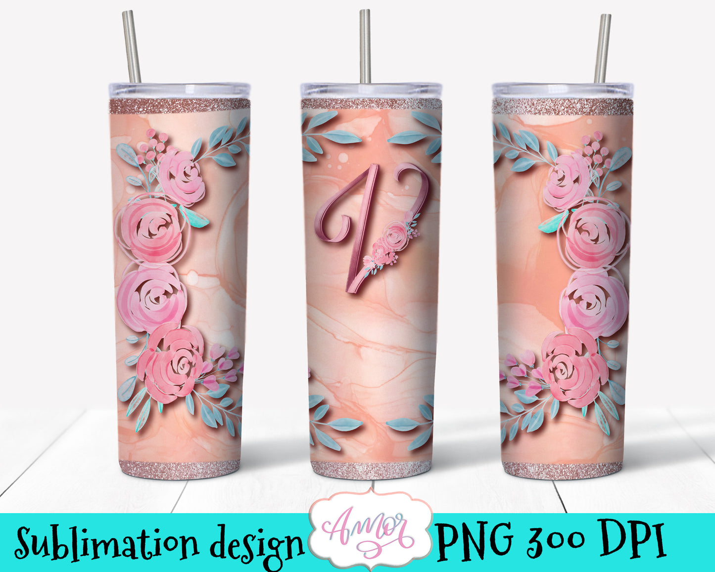 Letter V Monogram tumbler wrap PNG design for sublimation