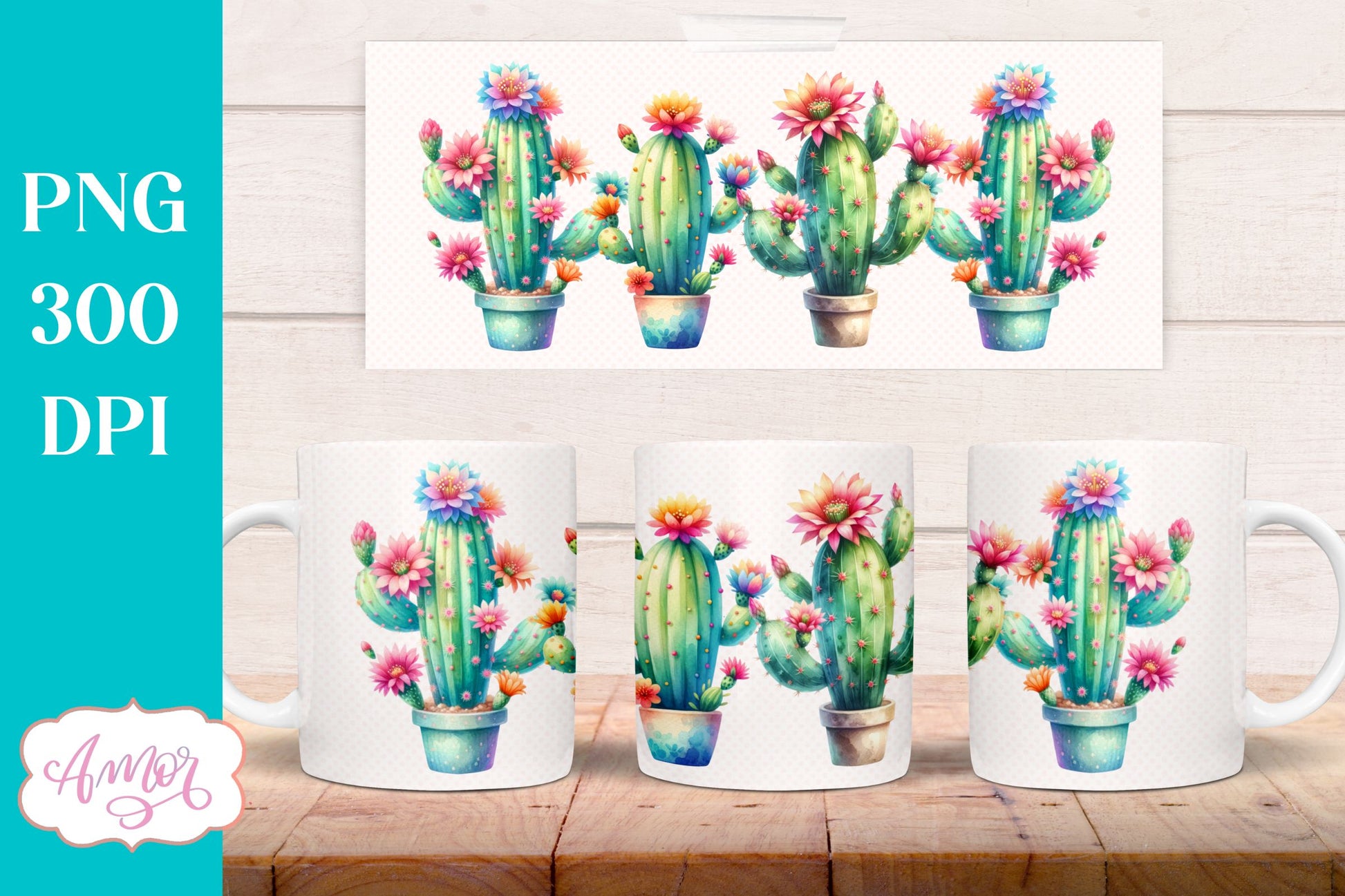 Watercolor Cactus mug wrap PNG for sublimation