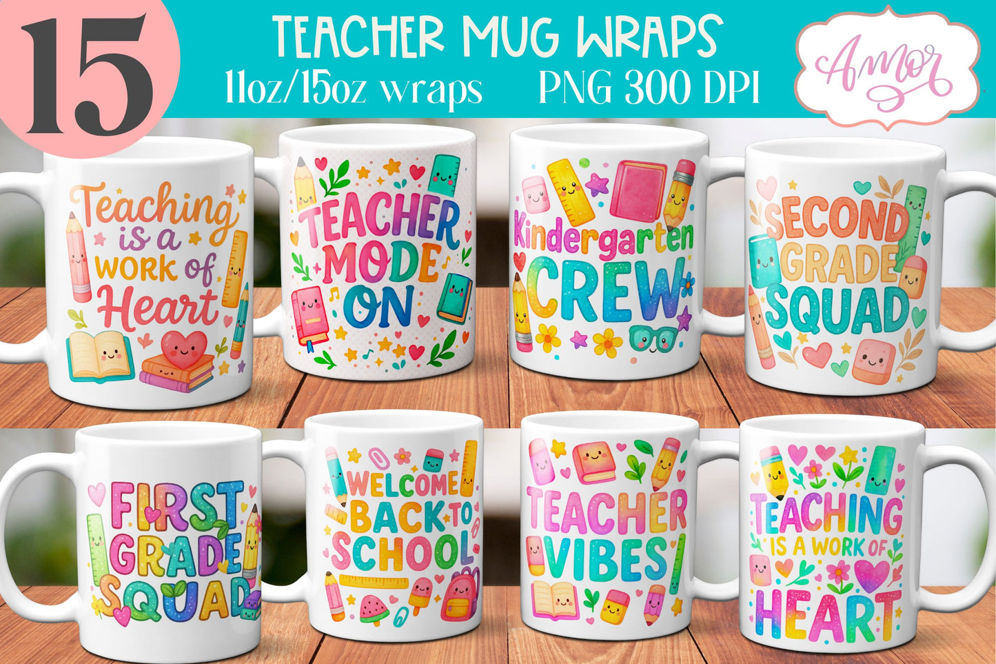 BUNDLE Cute Teacher mug Wraps PNG, cute school mugs template