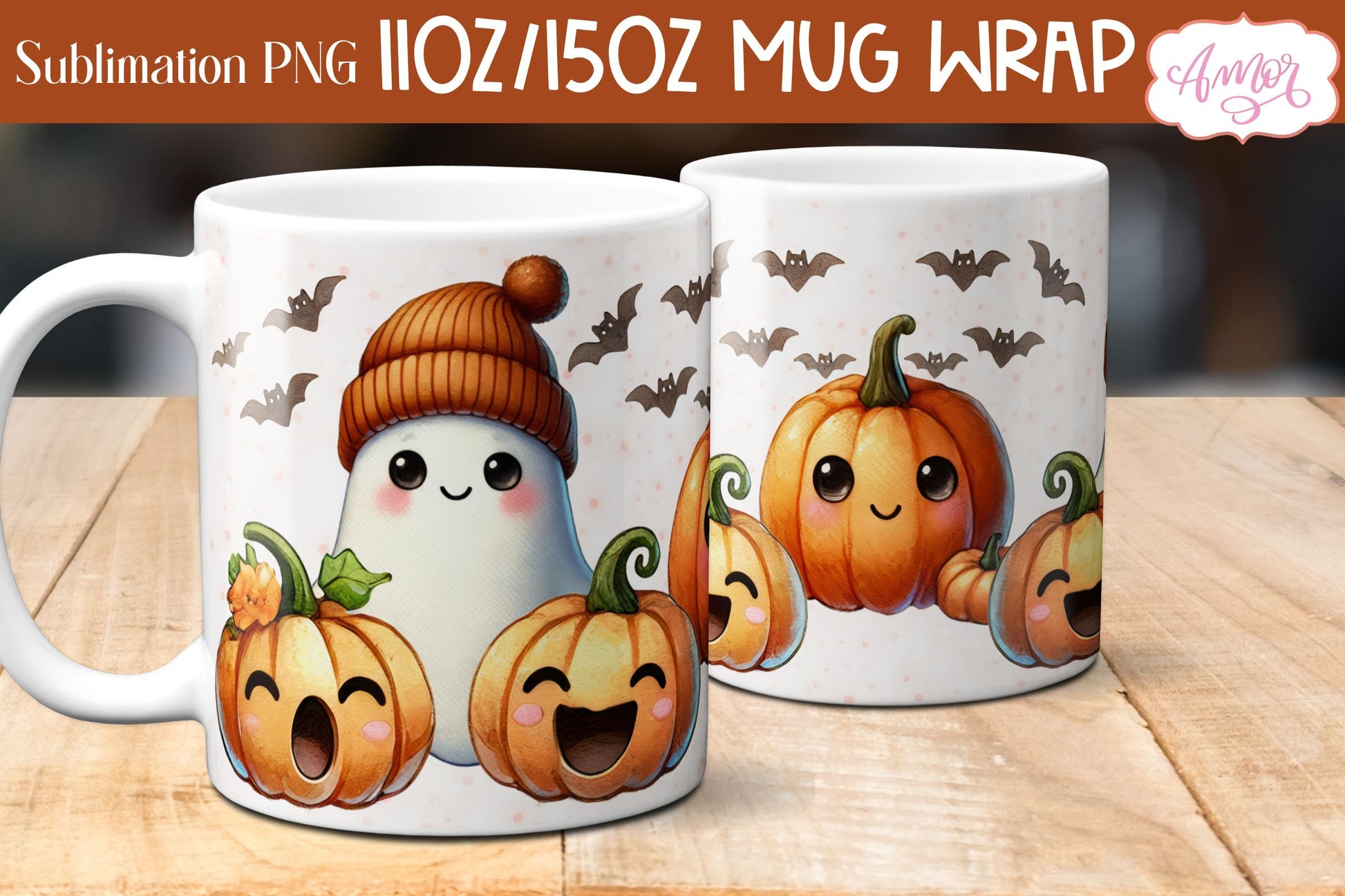 Cute fall mug wrap PNG for sublimation | Halloween ghost mug