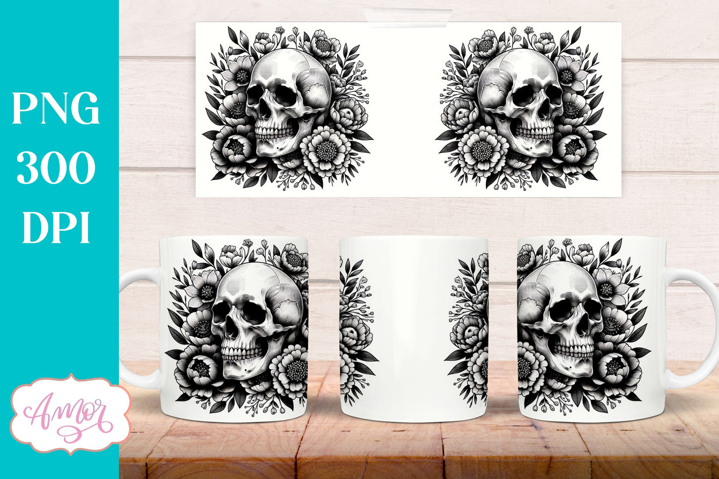 Floral skull mug wrap PNG for sublimation design 11oz 15oz