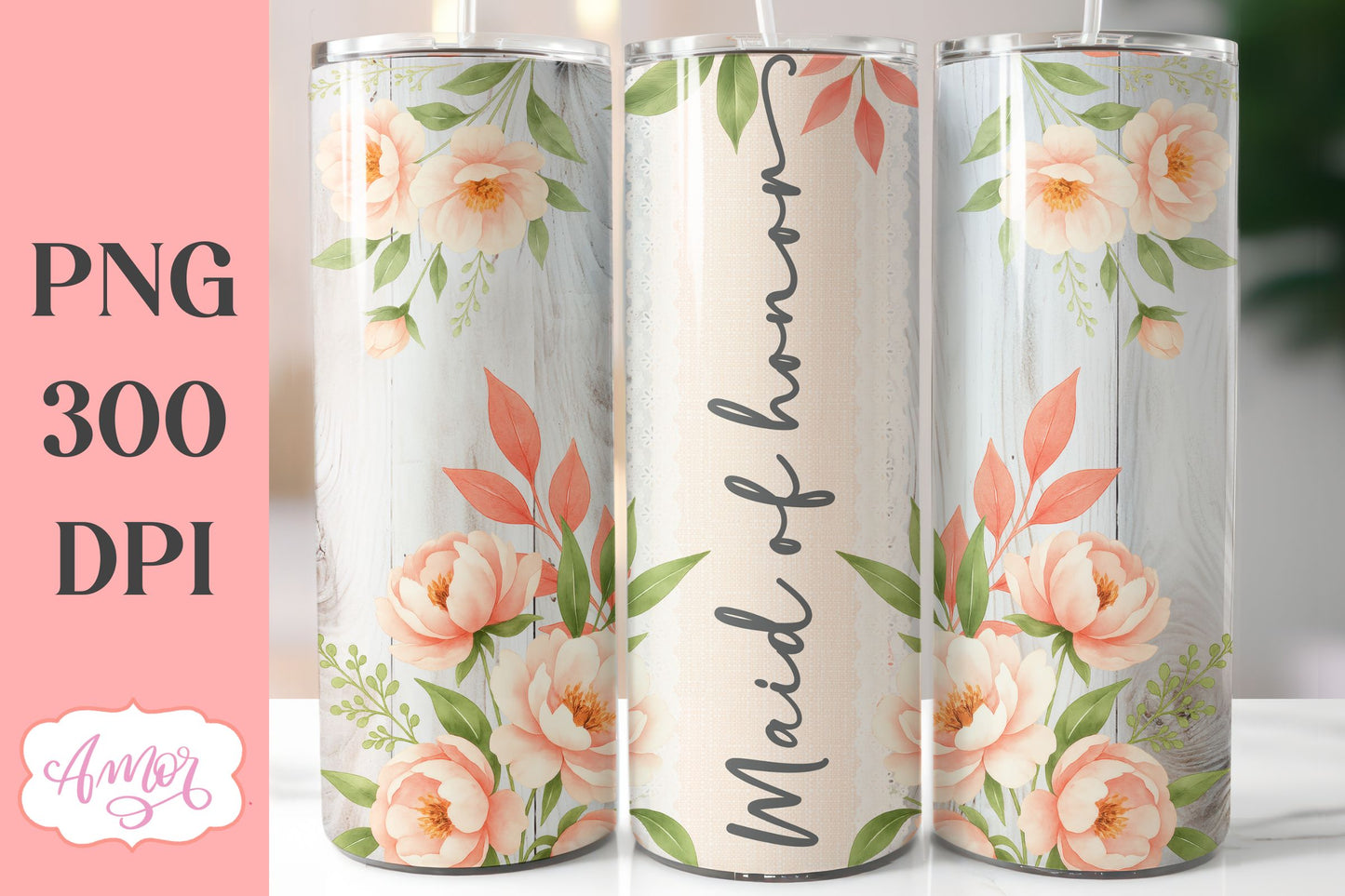Wedding Tumbler Wrap sublimation PNG, Peonies tumbler wrap