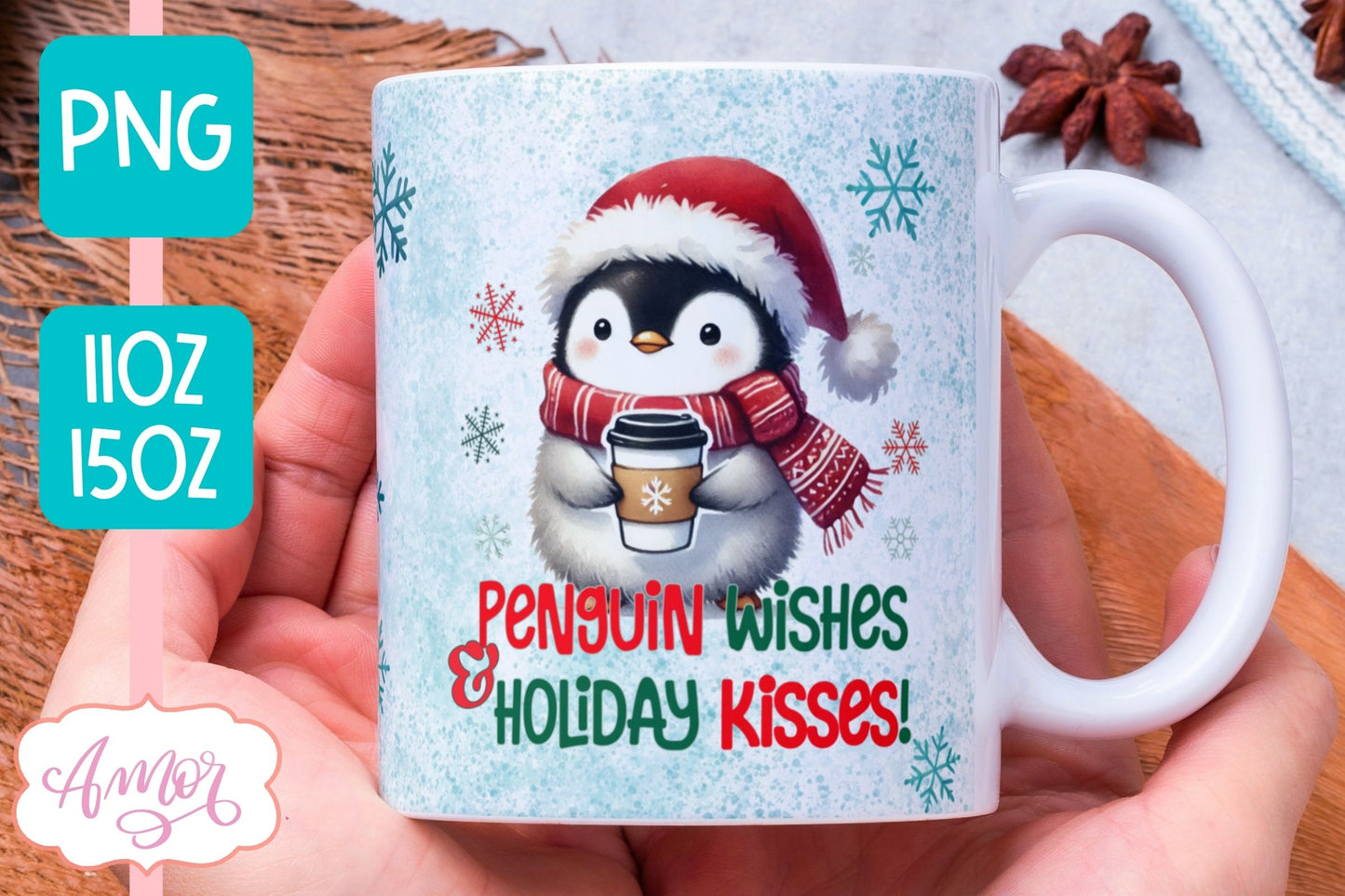 Cute Christmas mug wrap PNG | Cute penguin coffee mug PNG