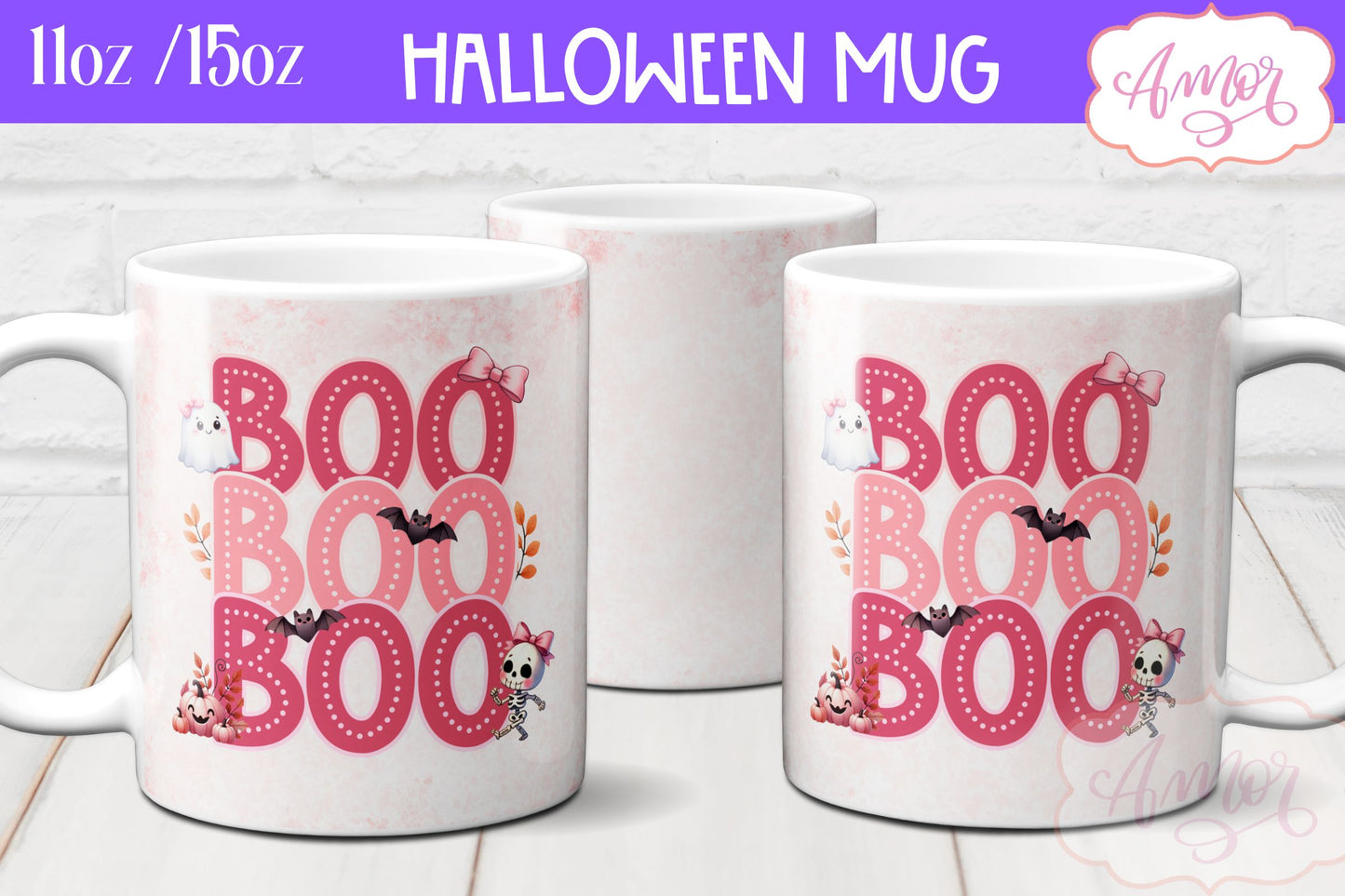 Boo mug wrap sublimation PNG | Pink Halloween mug png