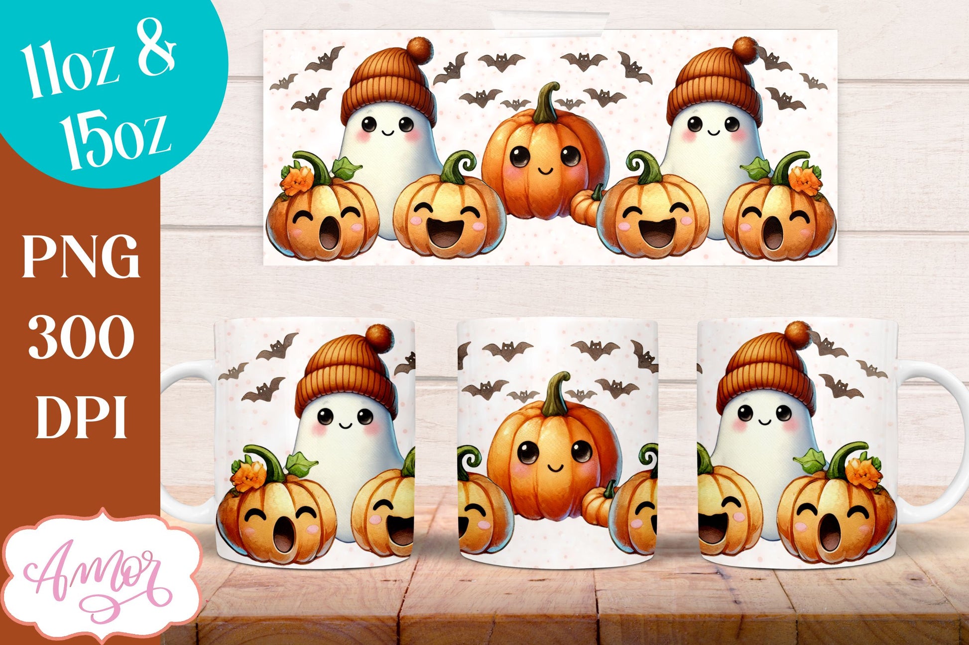 Cute fall mug wrap PNG for sublimation | Halloween ghost mug