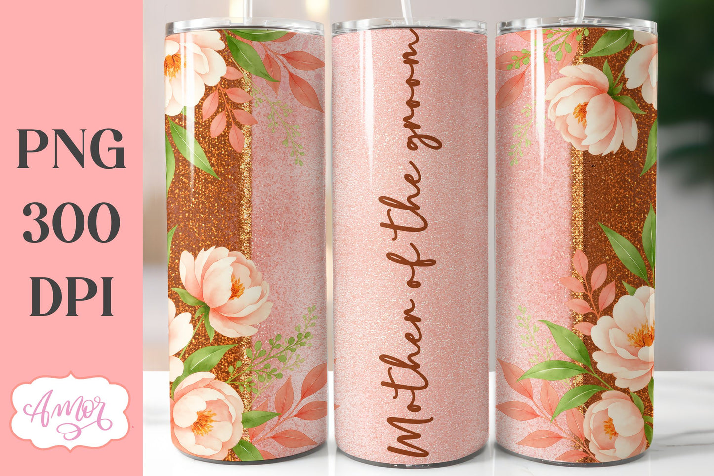 Wedding Tumbler Wrap sublimation PNG, Copper floral tumbler
