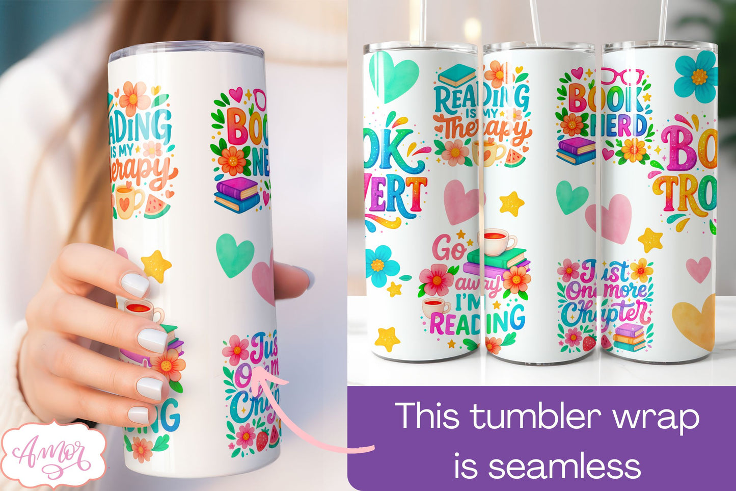 DIGITAL DOWNLOAD Book lover tumbler wrap PNG