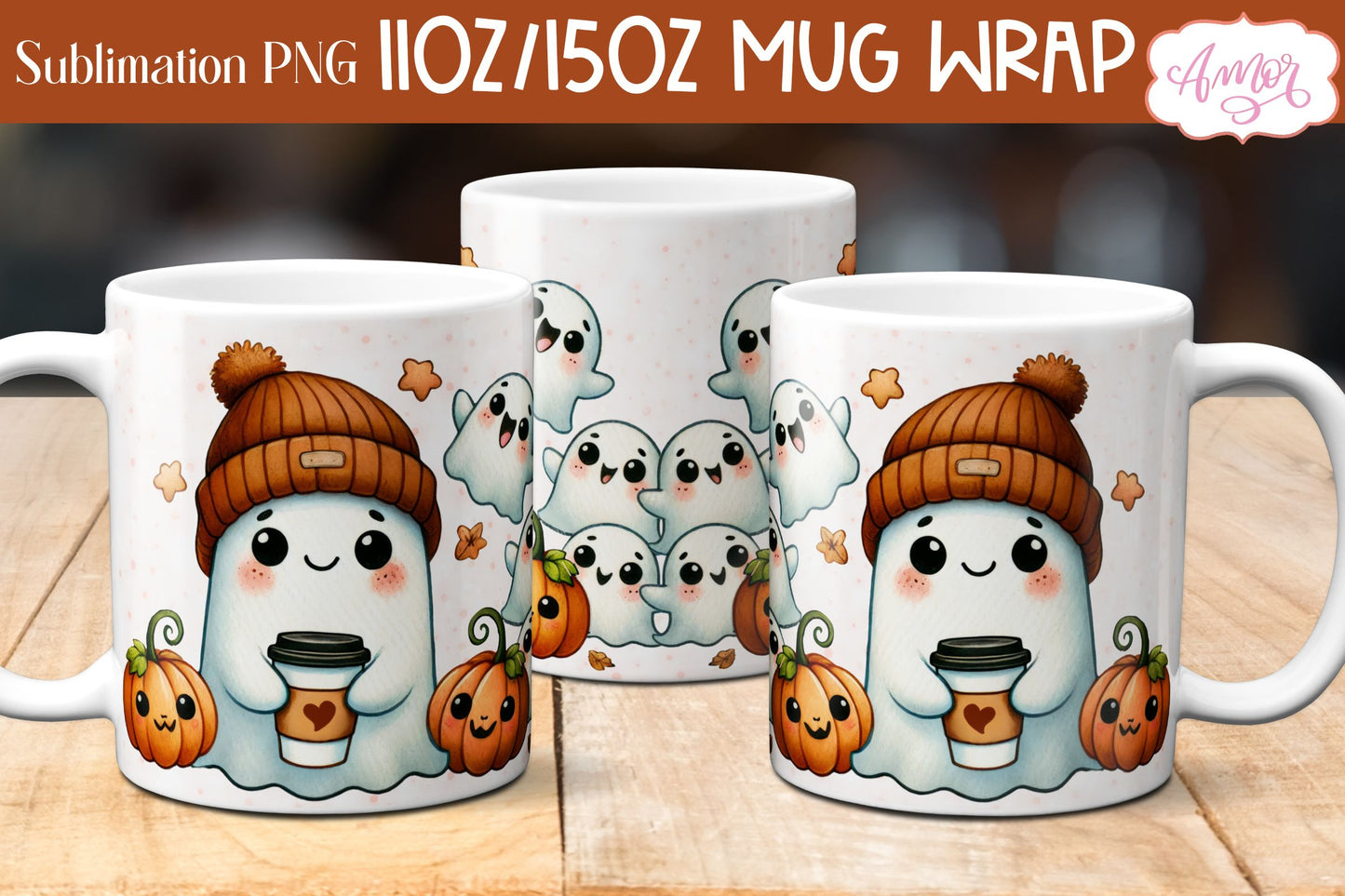 Cute fall mug wrap PNG for sublimation | Halloween ghost mug