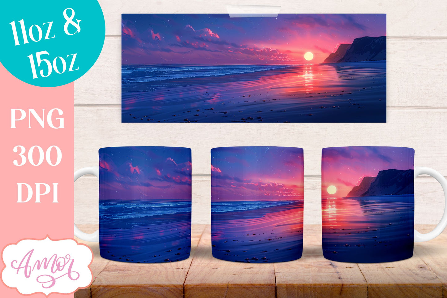 BUNDLE Beach sunset Mug Wrap for Sublimation | Nightfall at sea mug wrap