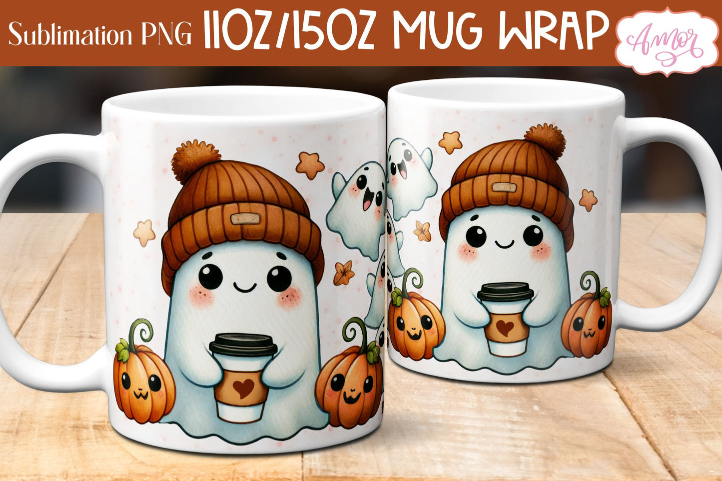 Cute fall mug wrap PNG for sublimation | Halloween ghost mug