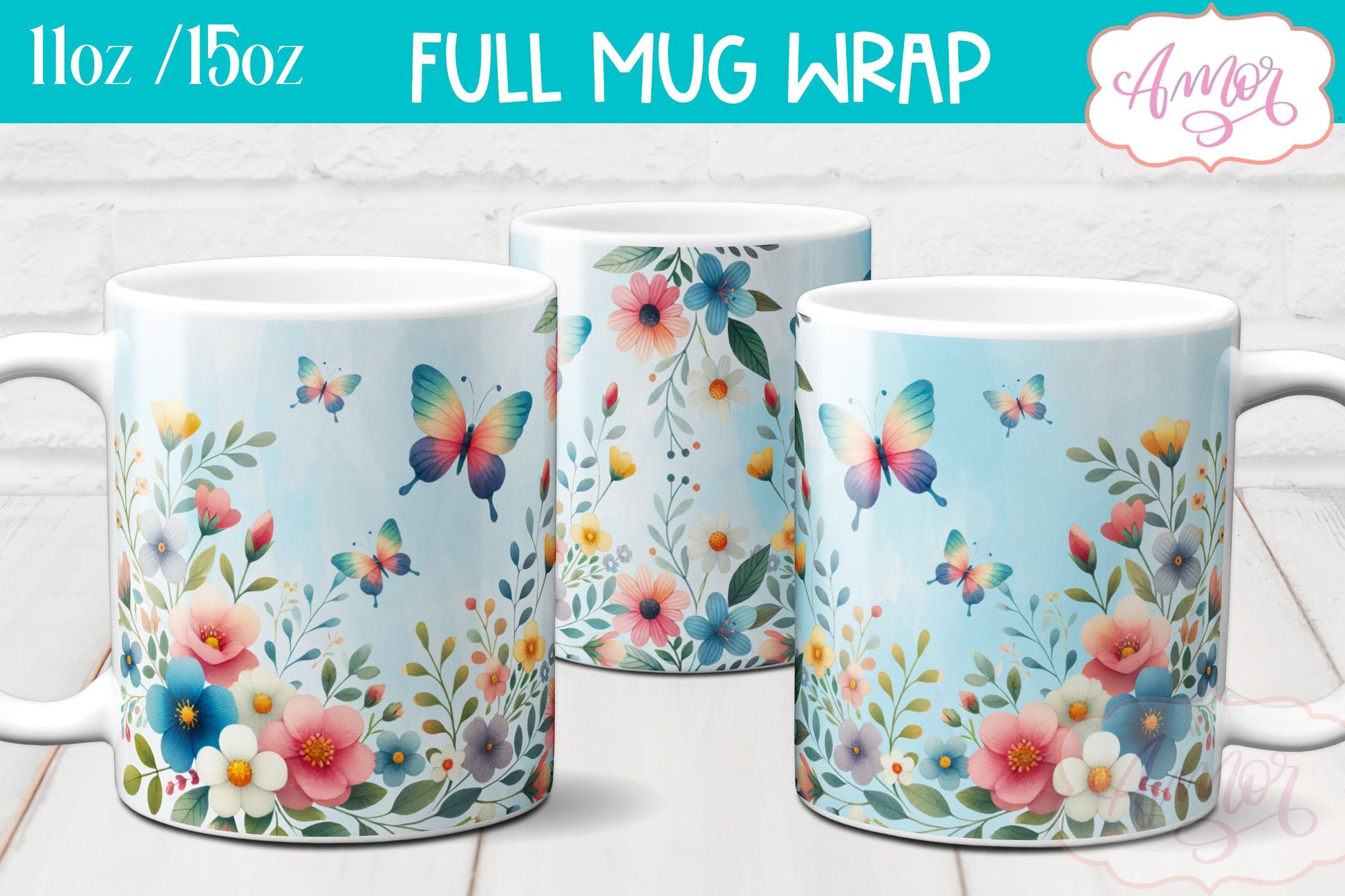 Flowers and butterflies mug wrap PNG for sublimation