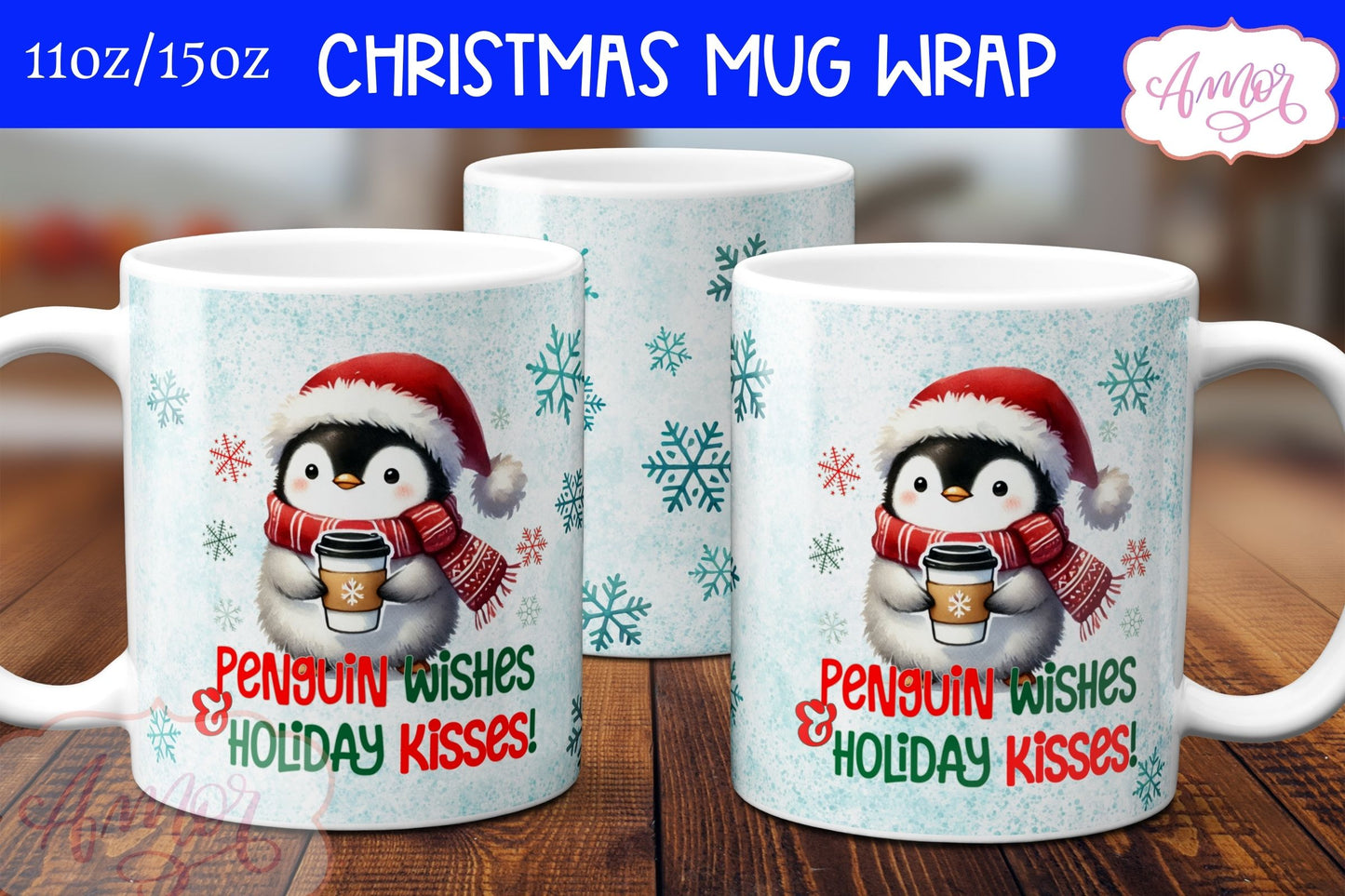 Cute Christmas mug wrap PNG | Cute penguin coffee mug PNG