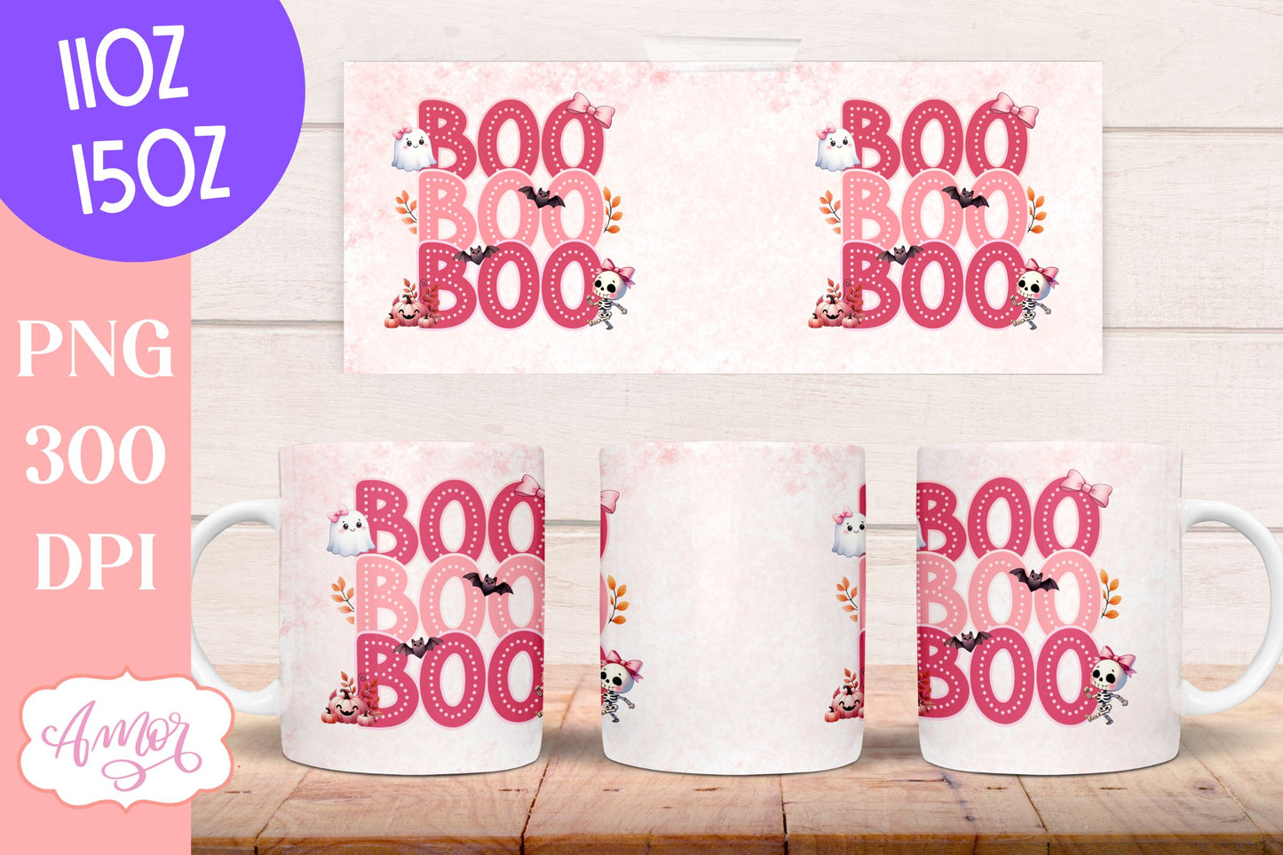 Boo mug wrap sublimation PNG | Pink Halloween mug png