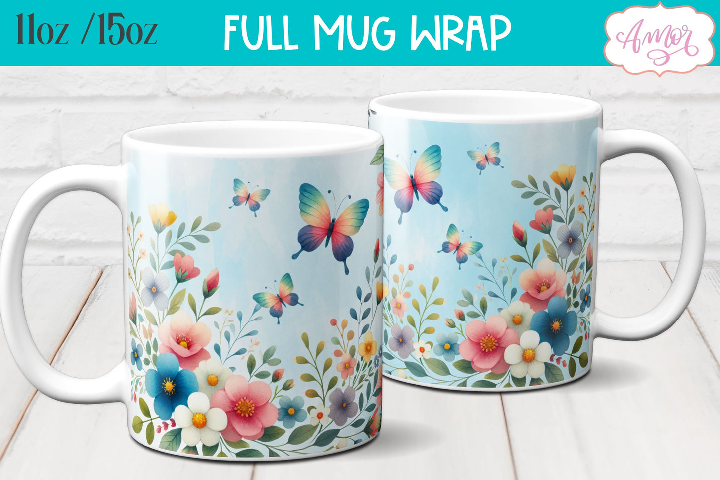 Flowers and butterflies mug wrap PNG for sublimation